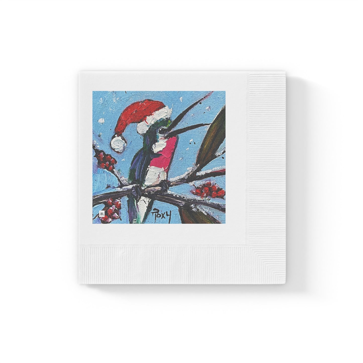 Merry and Bright Holiday Hummingbird with Santa Hat-White Coined Napkins