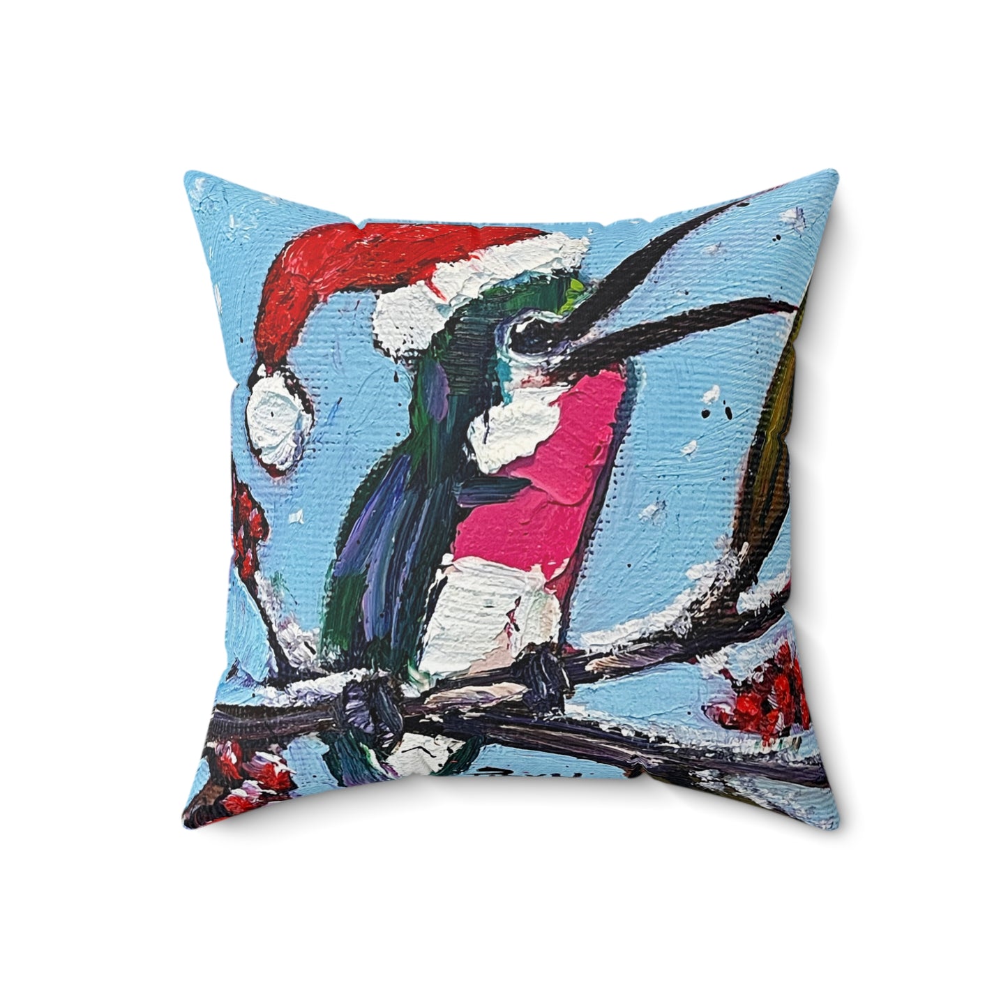 Merry and Bright Holiday Hummingbird Indoor Spun Polyester Square Pillow