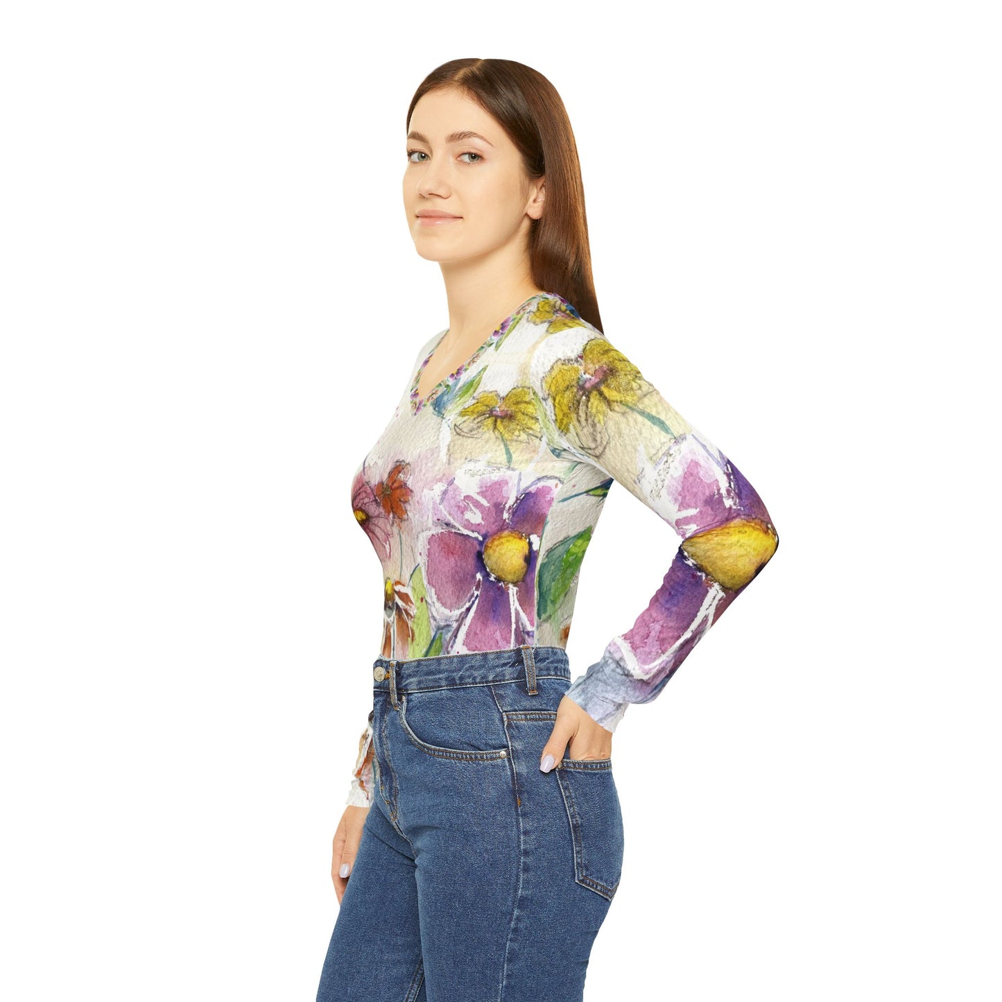 Long Sleeve Shirt- Hummingbird in the Garden- V-neck Women's