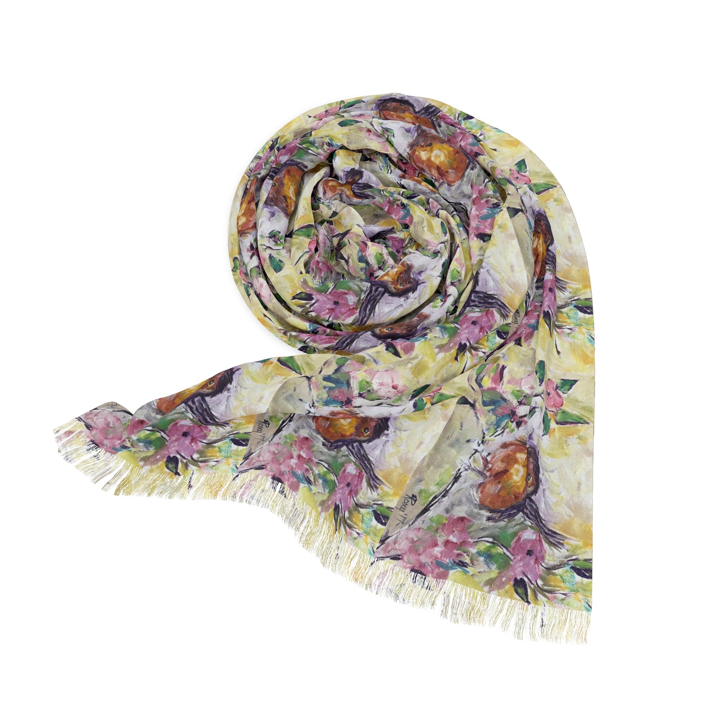 Colorful Scarf — Artistic Lightweight Neck Wrap- Abstract Robin in Cherry Blossoms