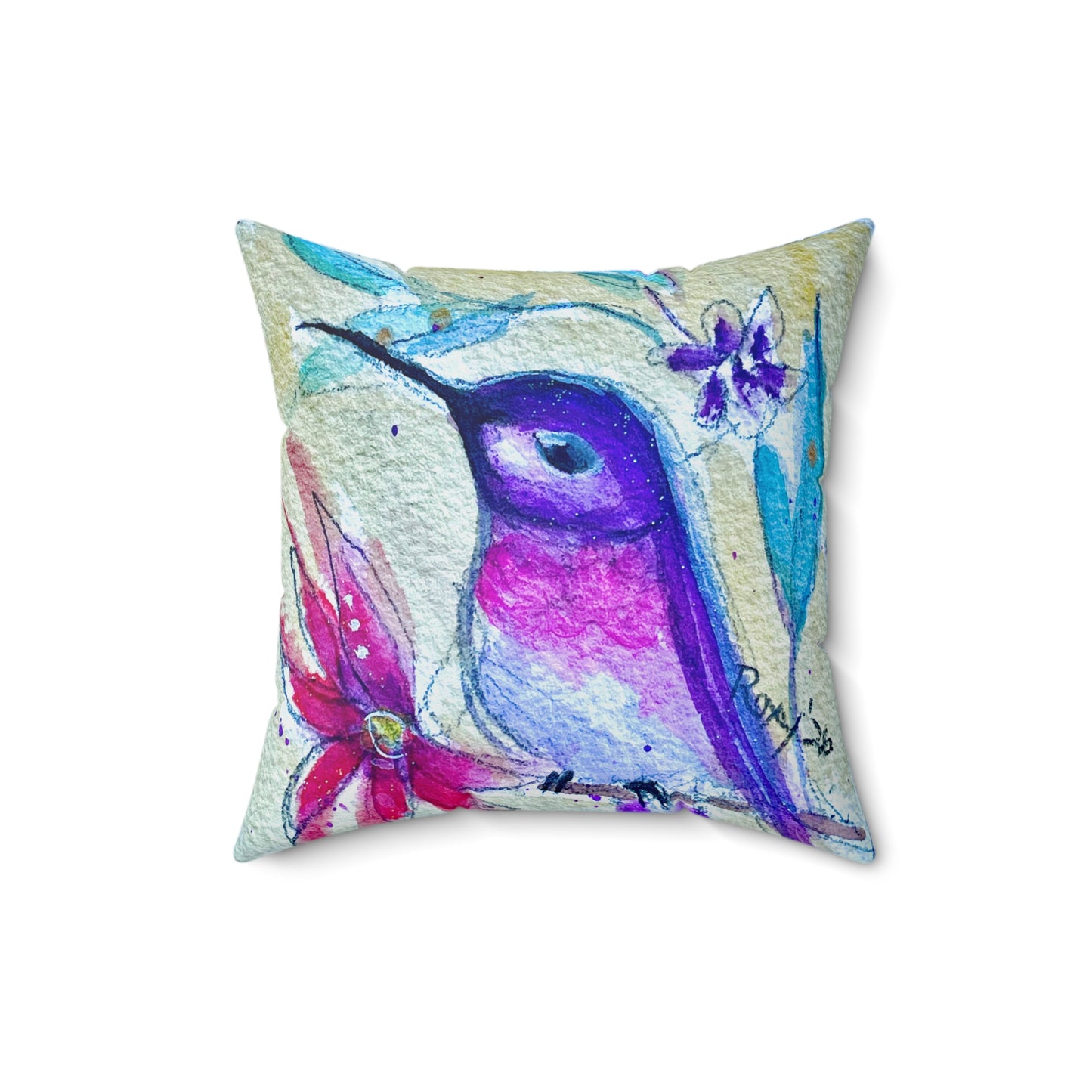 Purple Perch Hummingbird  Throw Pillow — Bright Colorful Accent Pillow
