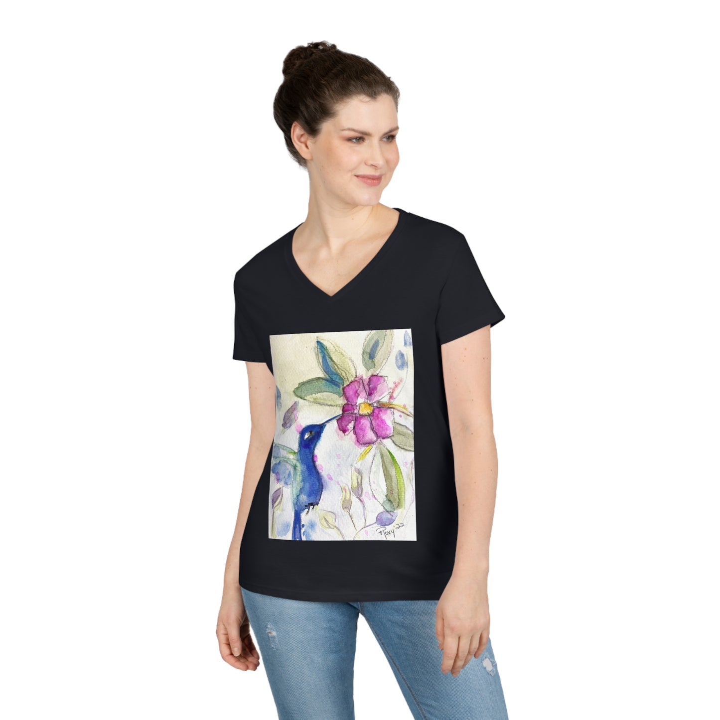 Camiseta con cuello en V para mujer Colibrí en la primavera