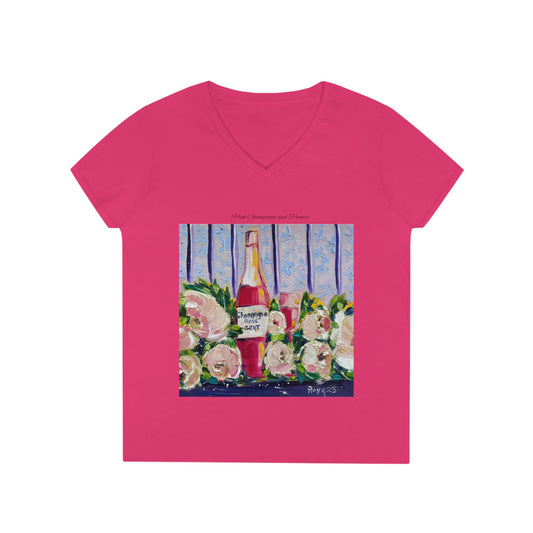 Camiseta con cuello en V para mujer Champán rosa y peonías