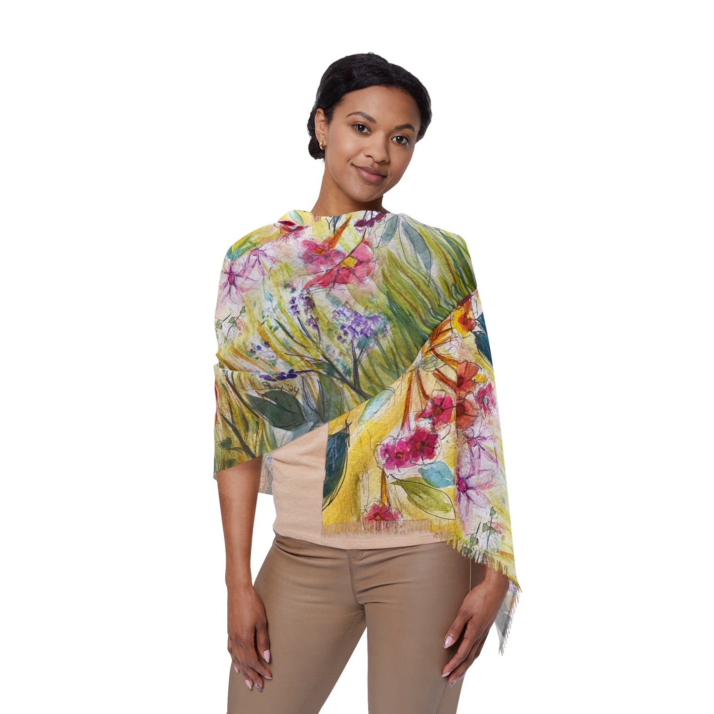 Colorful Scarf — Artistic Lightweight Neck Wrap- Hummingbird in a Tube Flower Garden