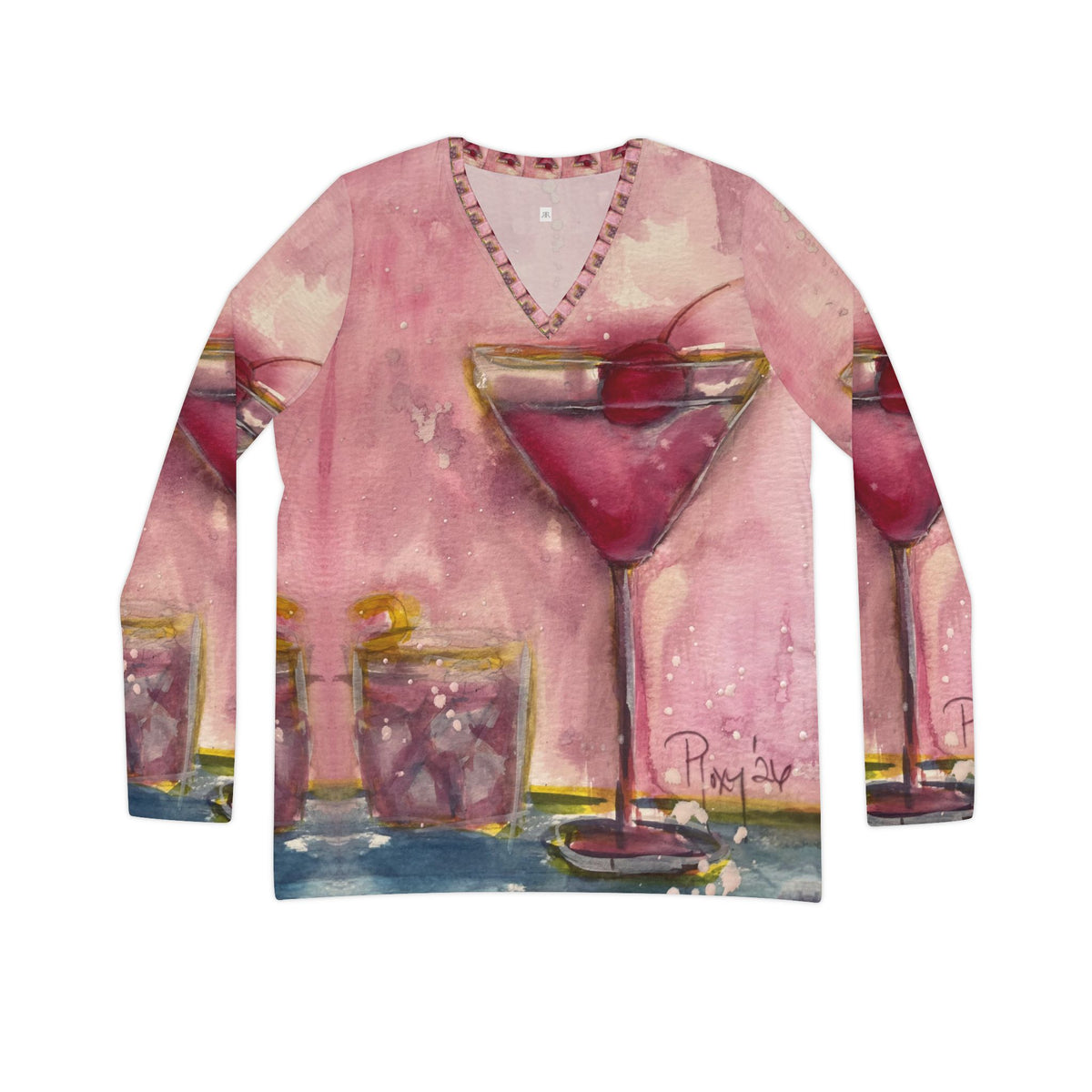 Women's Long Sleeve V-neck Shirt -Pink Martini