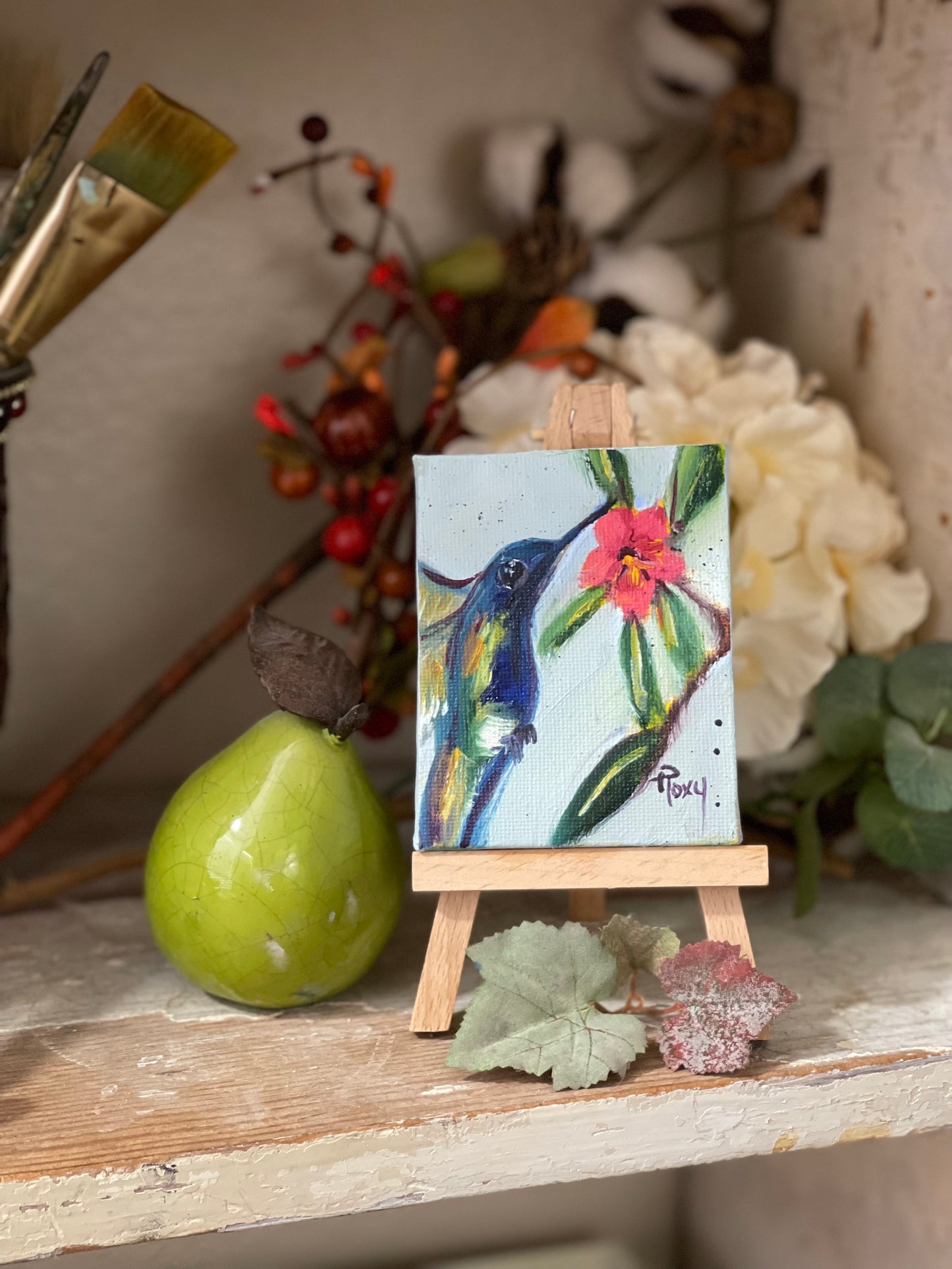 Little Blue Hummingbird -Original Miniature Hummingbird Oil Painting with Stand