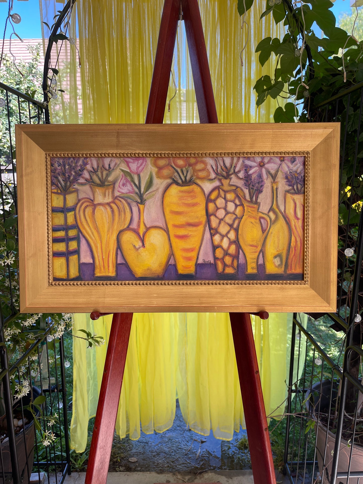 Yellow Vases-Original Oil Pastel Painting 10 x 20 Framed