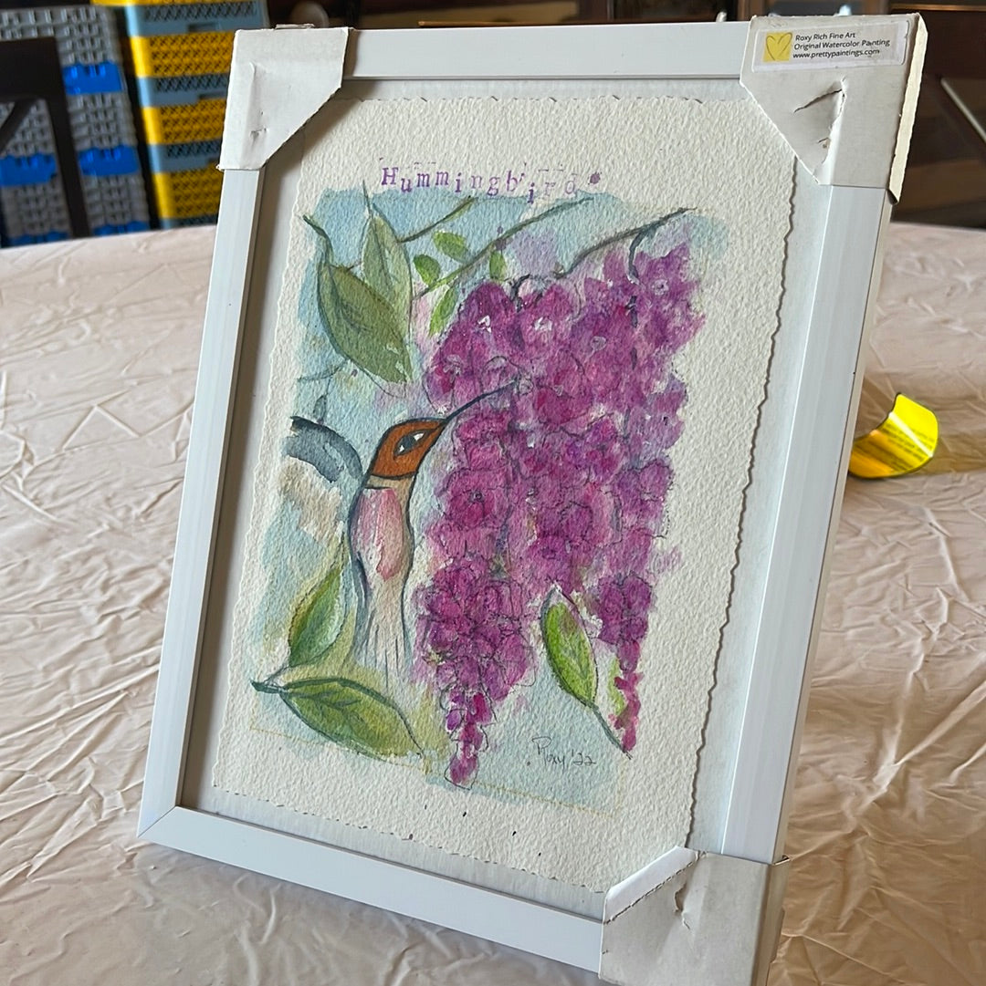 Hummingbird with Pink Wiisteria Original Watercolor Painting 8 x 10 Framed