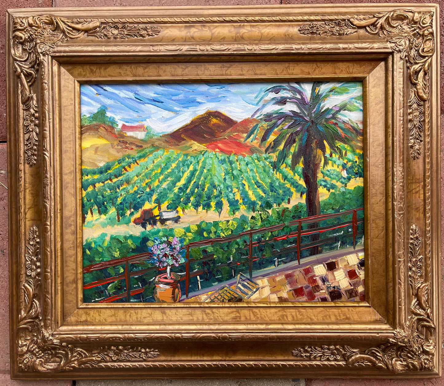 Vineyard View at Chapin-Original Contemporary Impressionism Oil Landscape Painting Framed