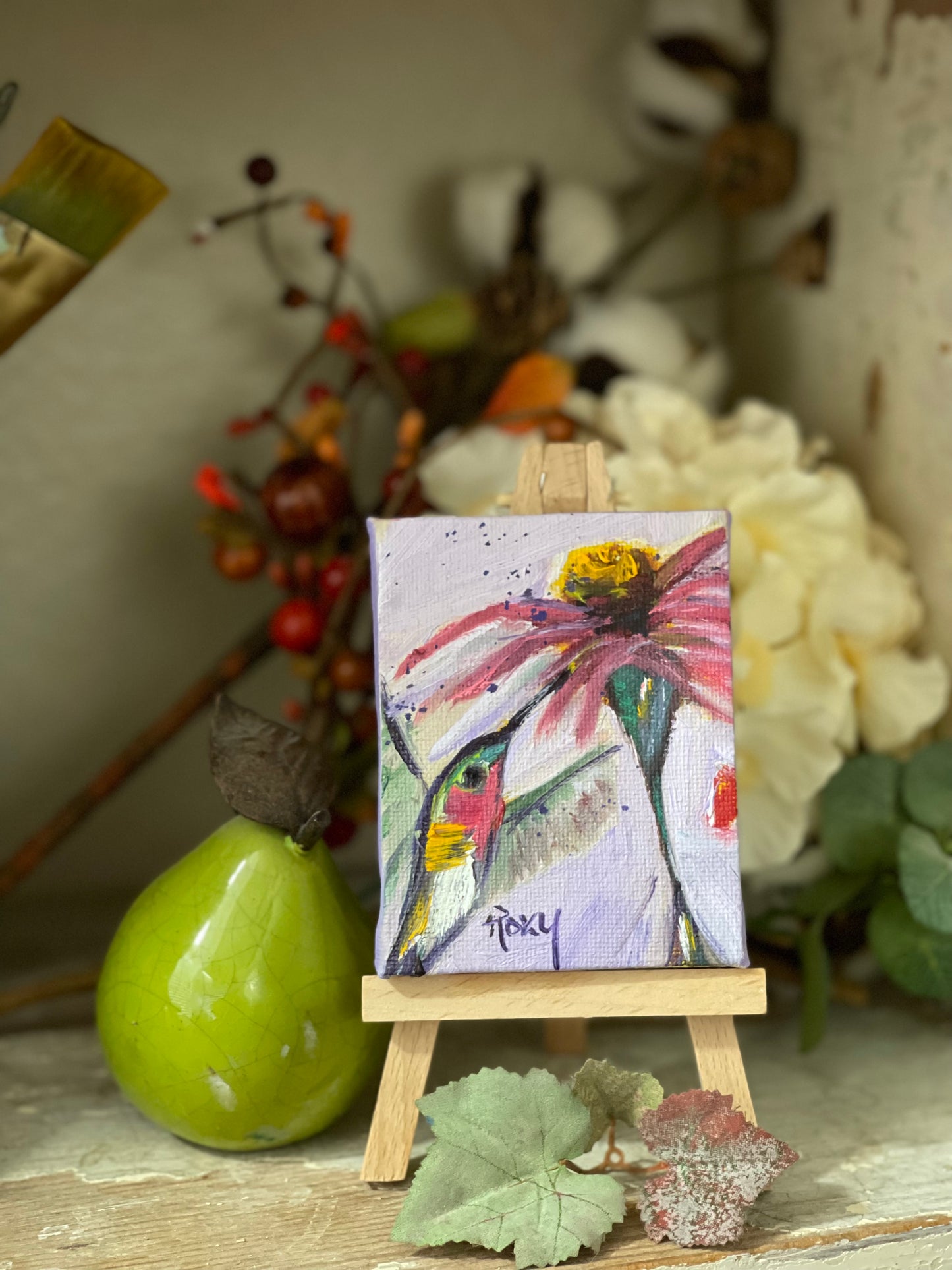 Hummingbird with Purple Coneflower-Original Miniature Hummingbird Oil Painting with Stand