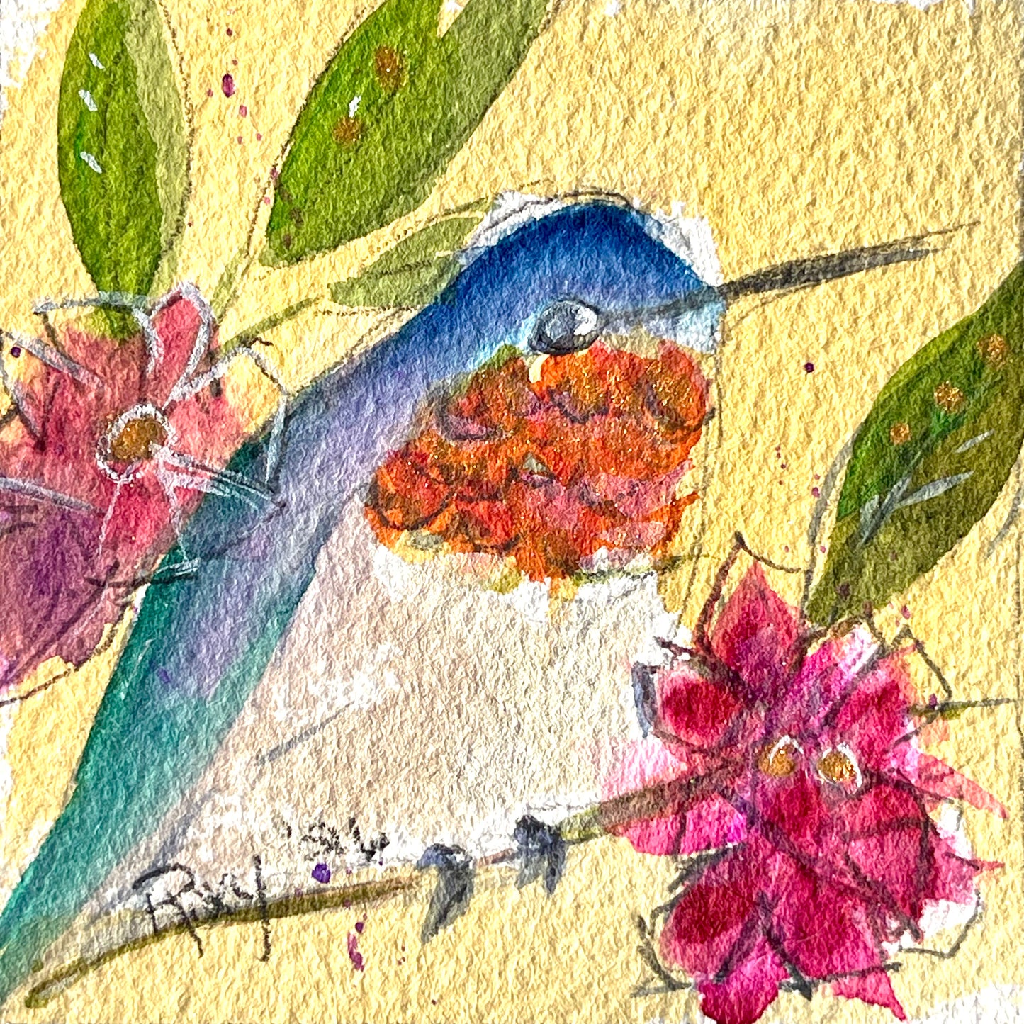 Quiet Moment Hummingbird-Original Watercolor Painting 4x4 Framed