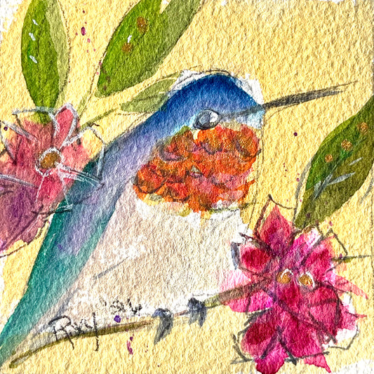Quiet Moment Hummingbird-Original Watercolor Painting 4x4 Framed