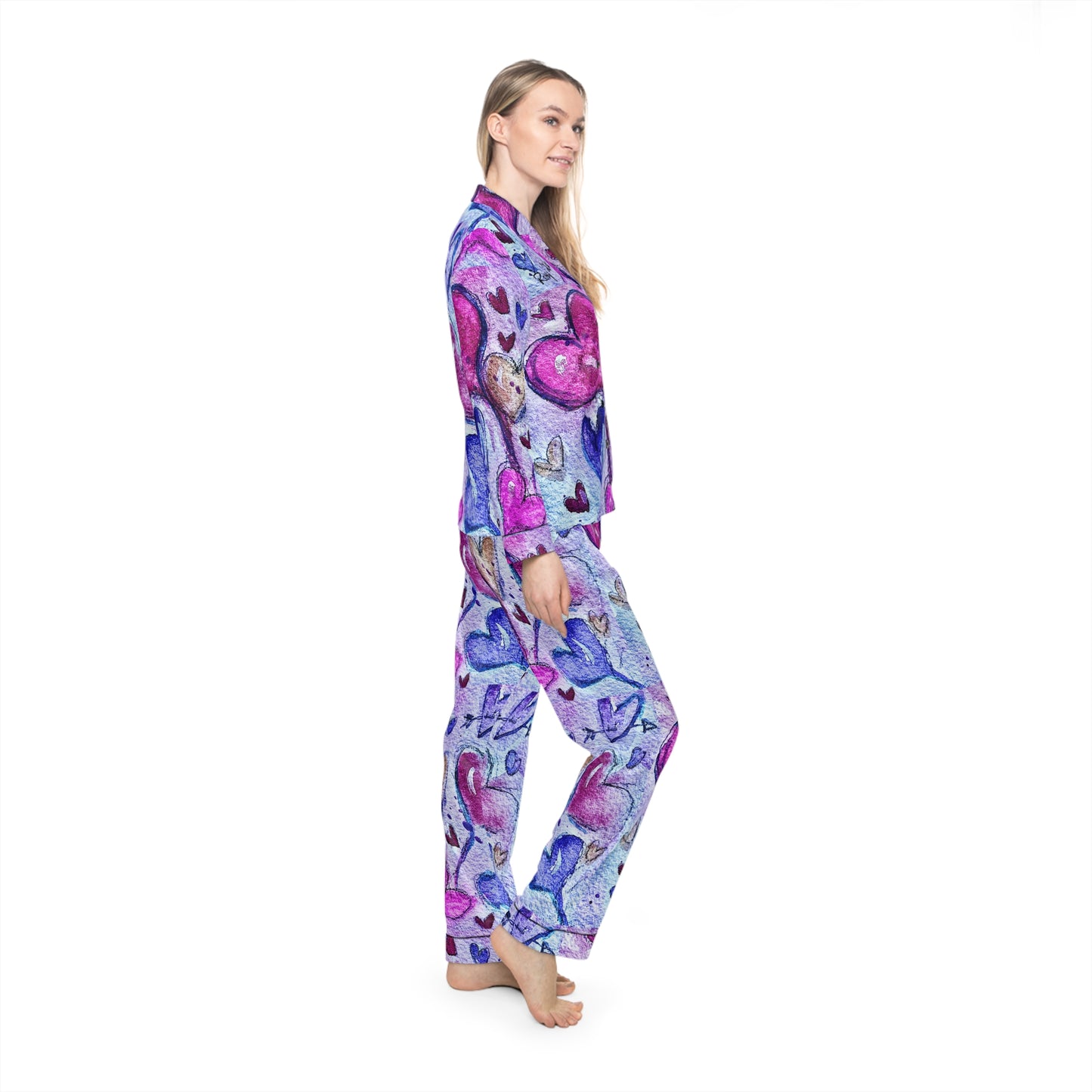 Satin Pajamas — Luxurious Silky Sleepwear Set- Floating Hearts Parade-Valentine Anniversary Wedding