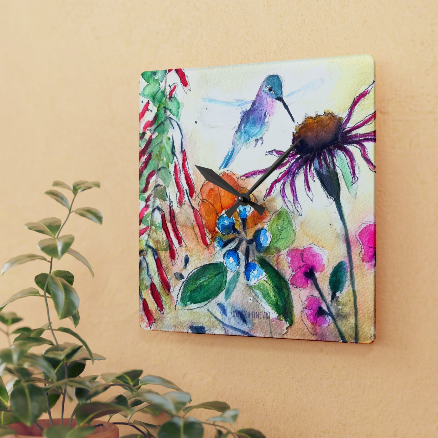 Hummingbird on a Coneflower Bush Acrylic Wall Clock
