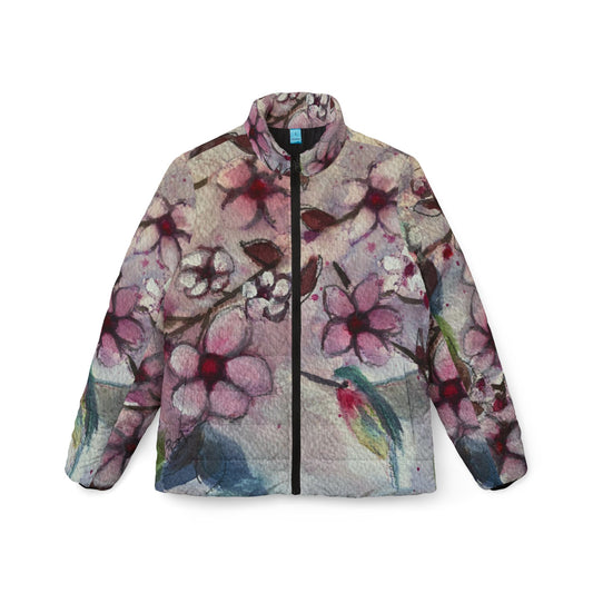 Women's Puffer Jacket - Roxy Rich Fine Art Design-Hummingbird in Cherry Blossoms