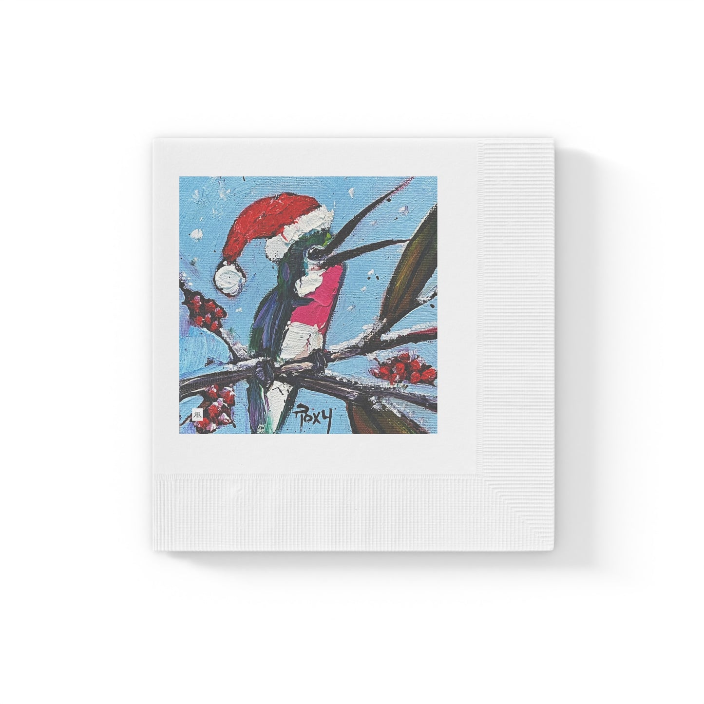 Merry and Bright Holiday Hummingbird with Santa Hat-White Coined Napkins