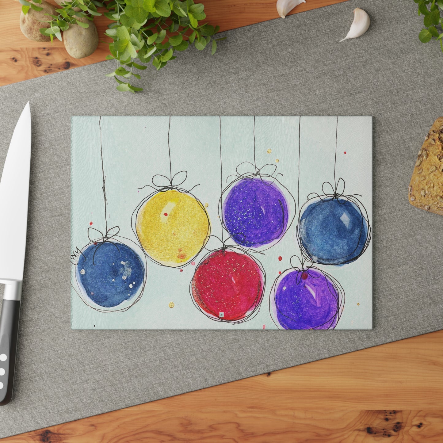 Colorful Christmas Baubles Glass Cutting Board
