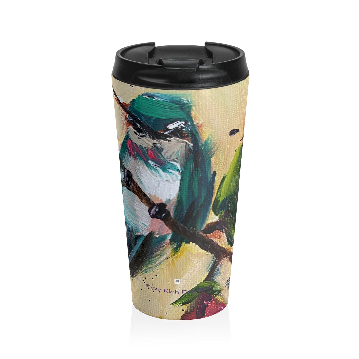 Taza de viaje de acero inoxidable Colibrí en un rosal