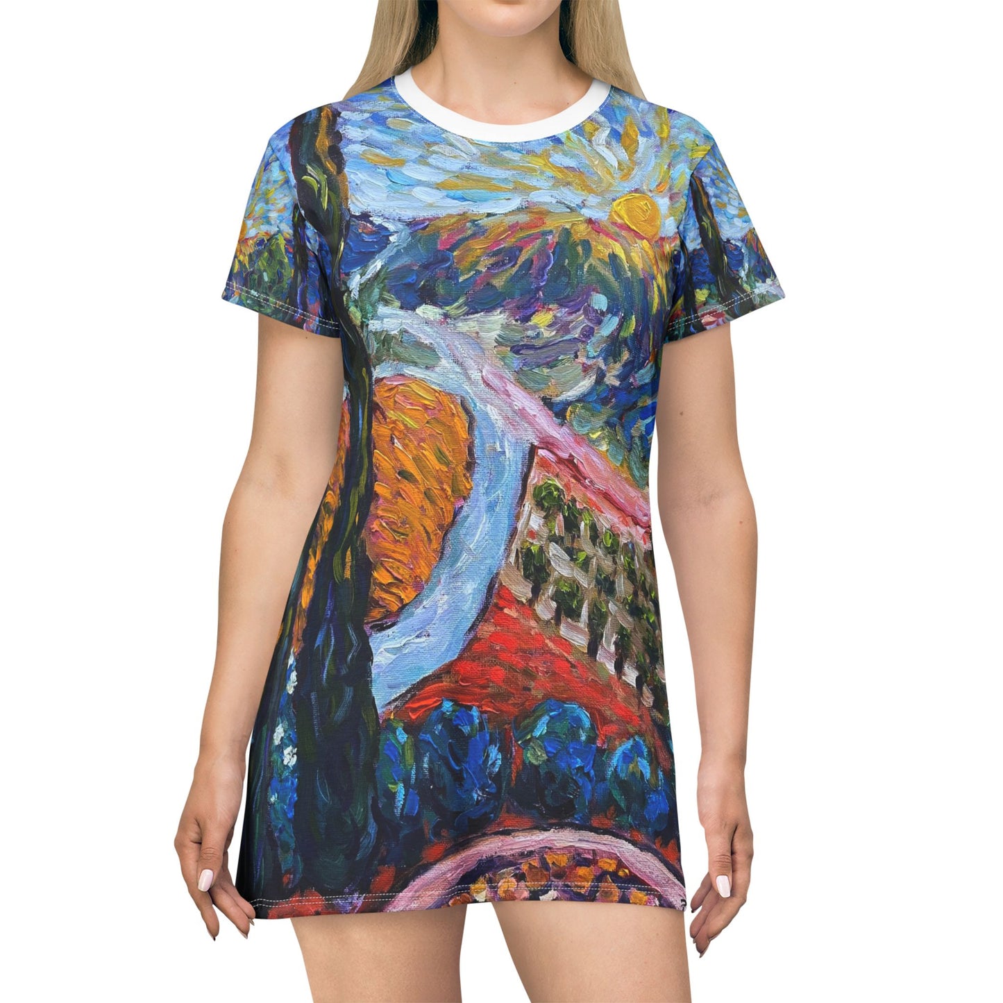 T-Shirt Dress (AOP)-Sunny Cypresses at Robert Renzoni