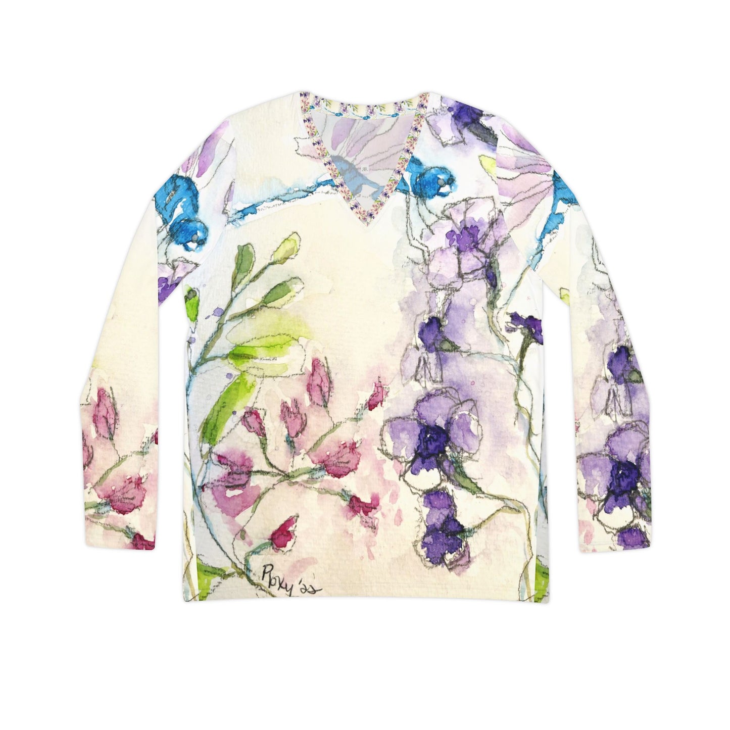 Long Sleeve Shirt- Blue Dragonfly with Purple Tube Flowers- V-neck Women's