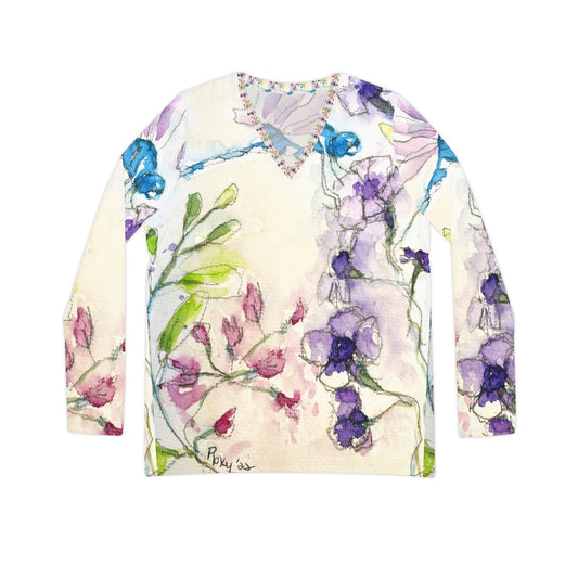 Long Sleeve Shirt- Blue Dragonfly with Purple Tube Flowers- V-neck Women's