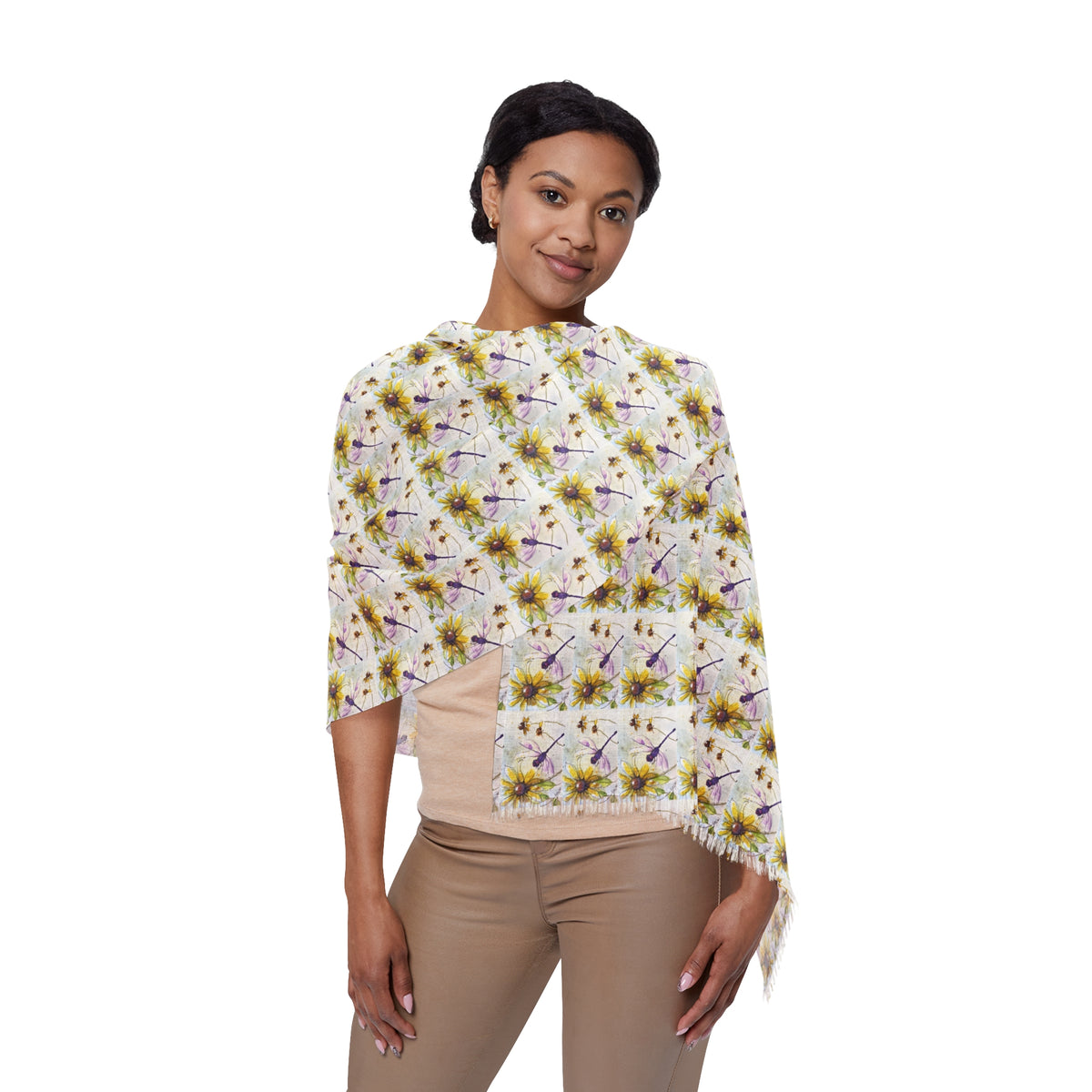 Colorful Scarf — Artistic Lightweight Neck Wrap- Purple Dragonfly on a Coneflower