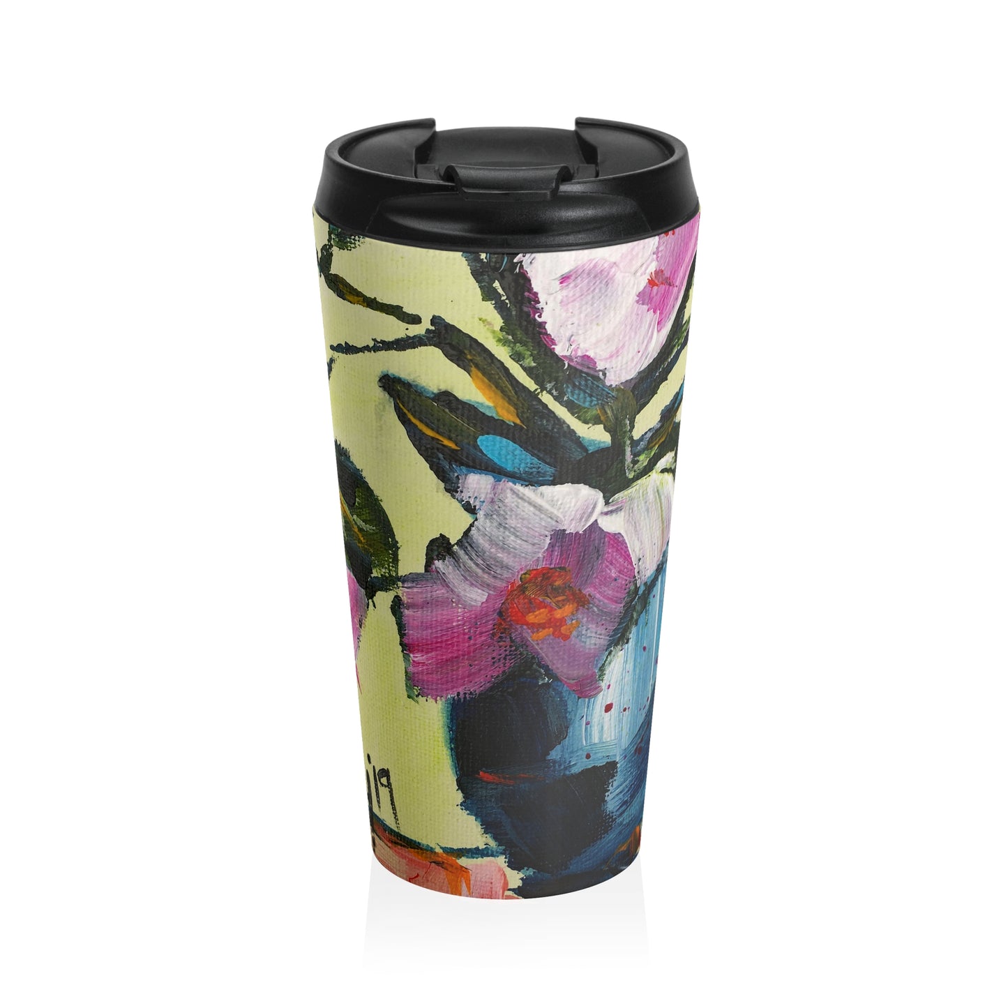 Pink Gardenias in a Blue Vase #2 "Good Morning!" Stainless Steel Travel Mug