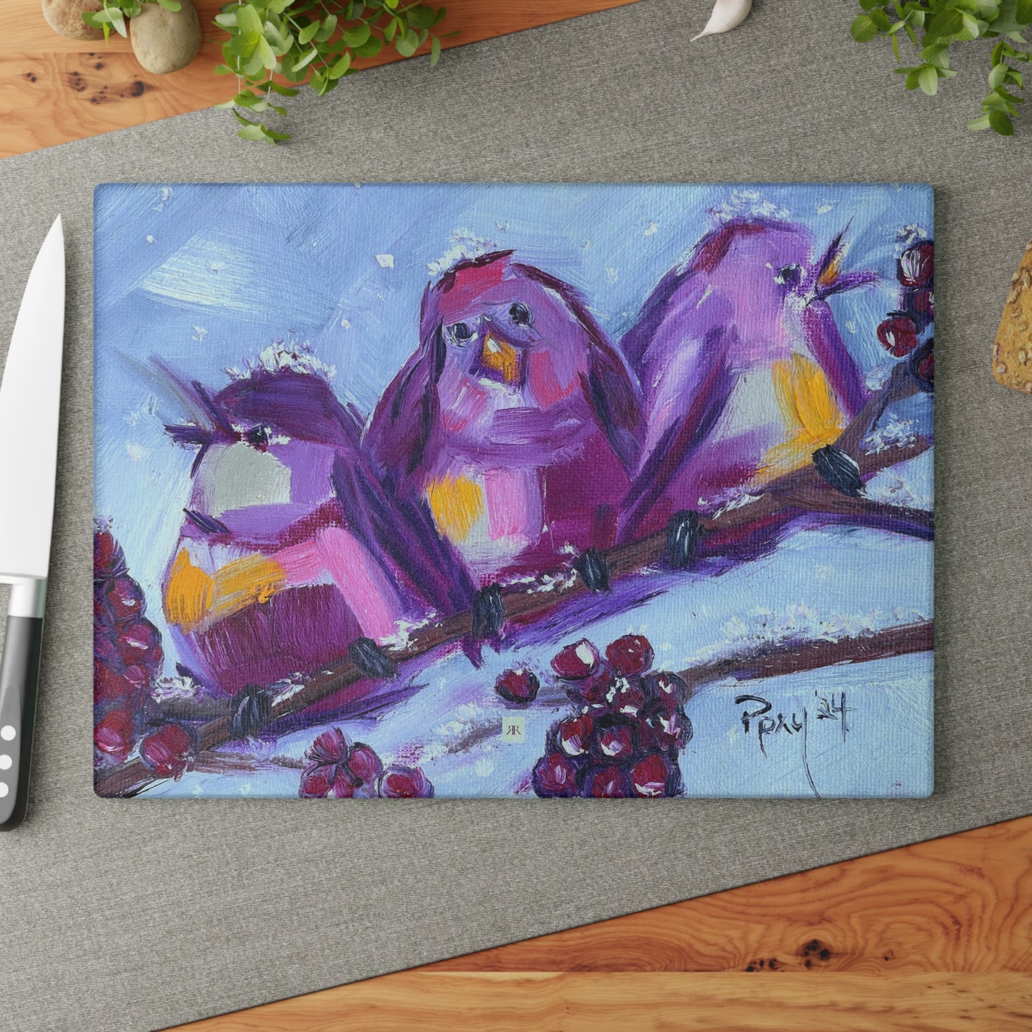 Glass Cutting Board-Whimsical Chirpy Birds Perched on a Snowy Branch with Berries