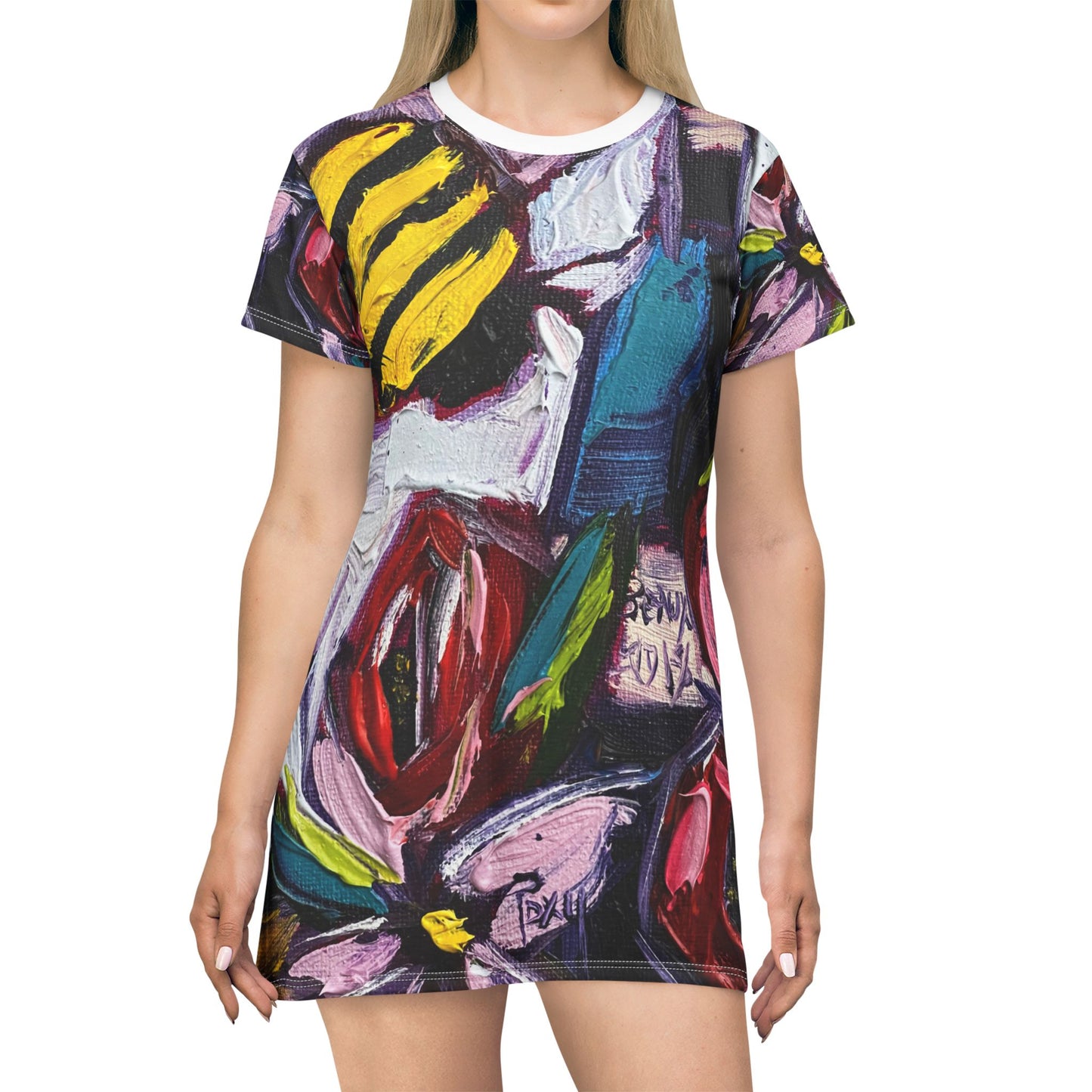 T-Shirt Dress (AOP)-Bee Happy-Bee Wine and Roses