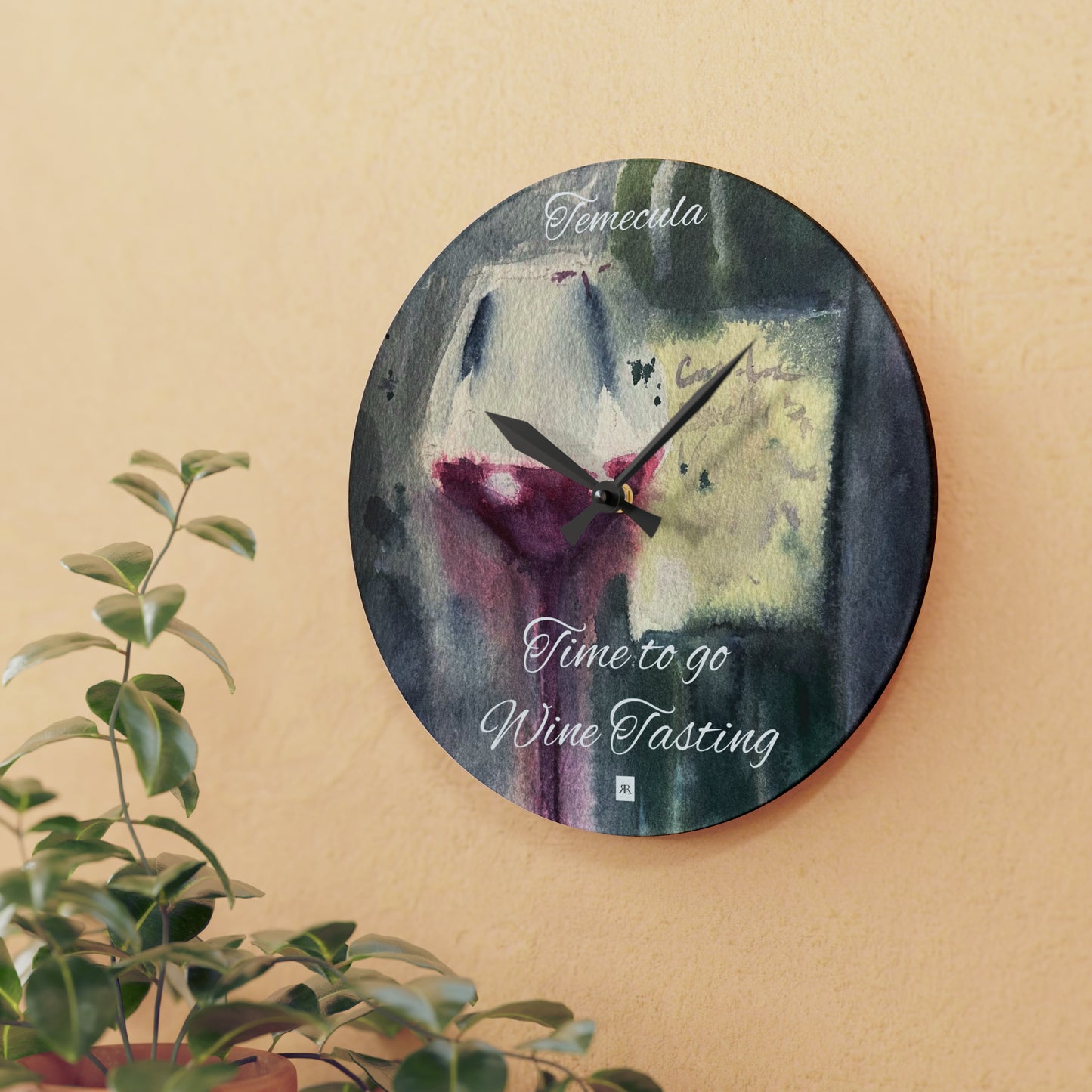 Temecula "Time to go Wine Tasting" Acrylic Wall Clock (white letters)