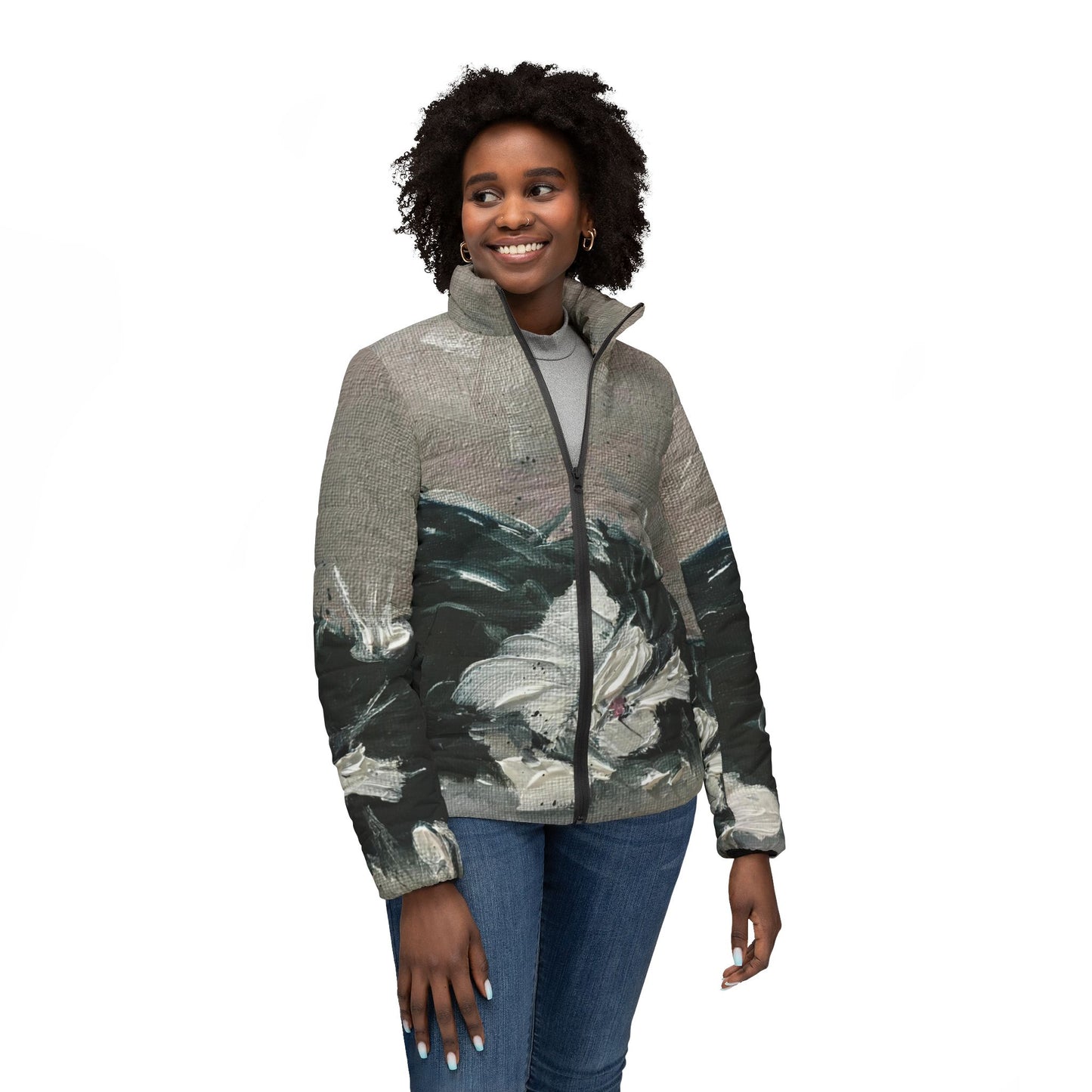 Women's Puffer Jacket - Roxy Rich Fine Art -Sleep Kitty Tuxedo Cat Sleeping