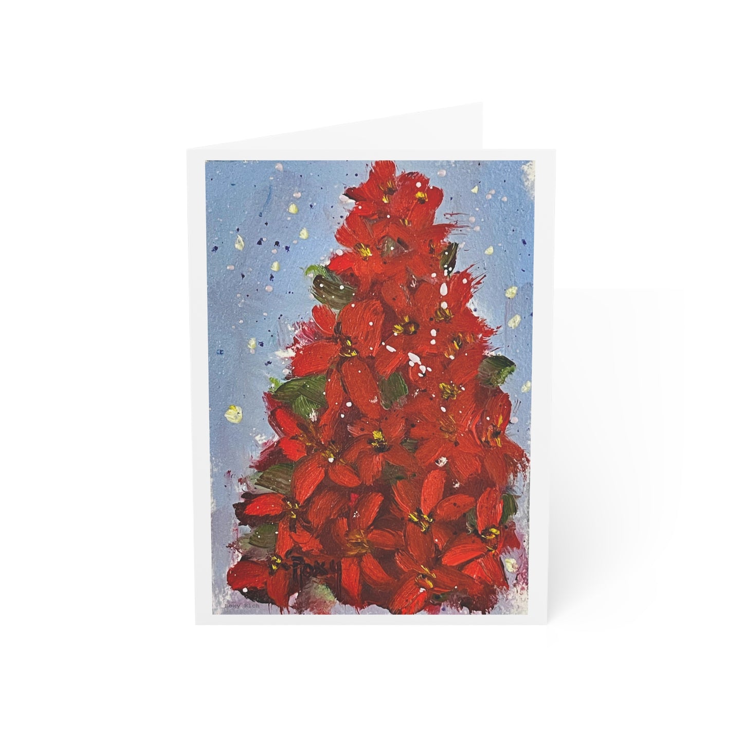 Red Poinsettias Christmas Tree Folded Greeting Cards with Christmas Message