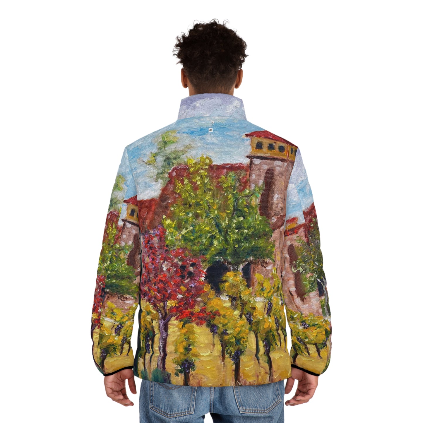 Men's Puffer Jacket - Roxy Rich Art, Unique Bright Colors-Lorimar Winery in Autumn