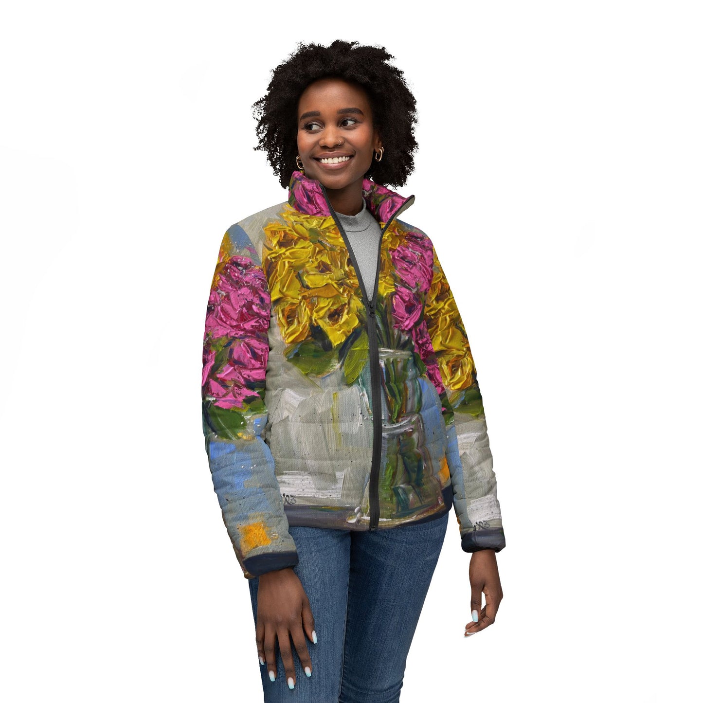 Women's Puffer Jacket - Roxy Rich Fine Art -Pink and Yellow Roses