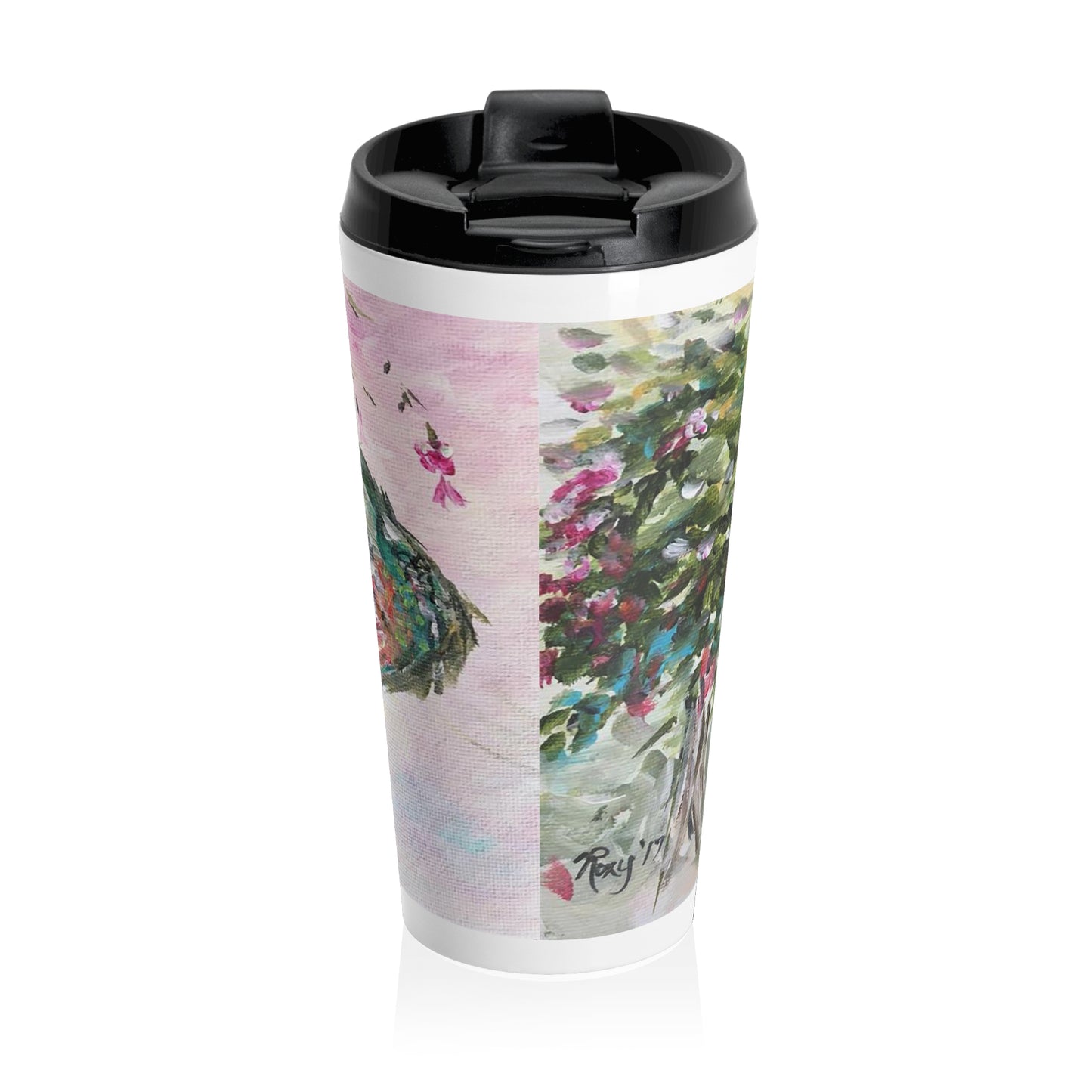 Colibri avec tasse de voyage en acier inoxydable fuchsias