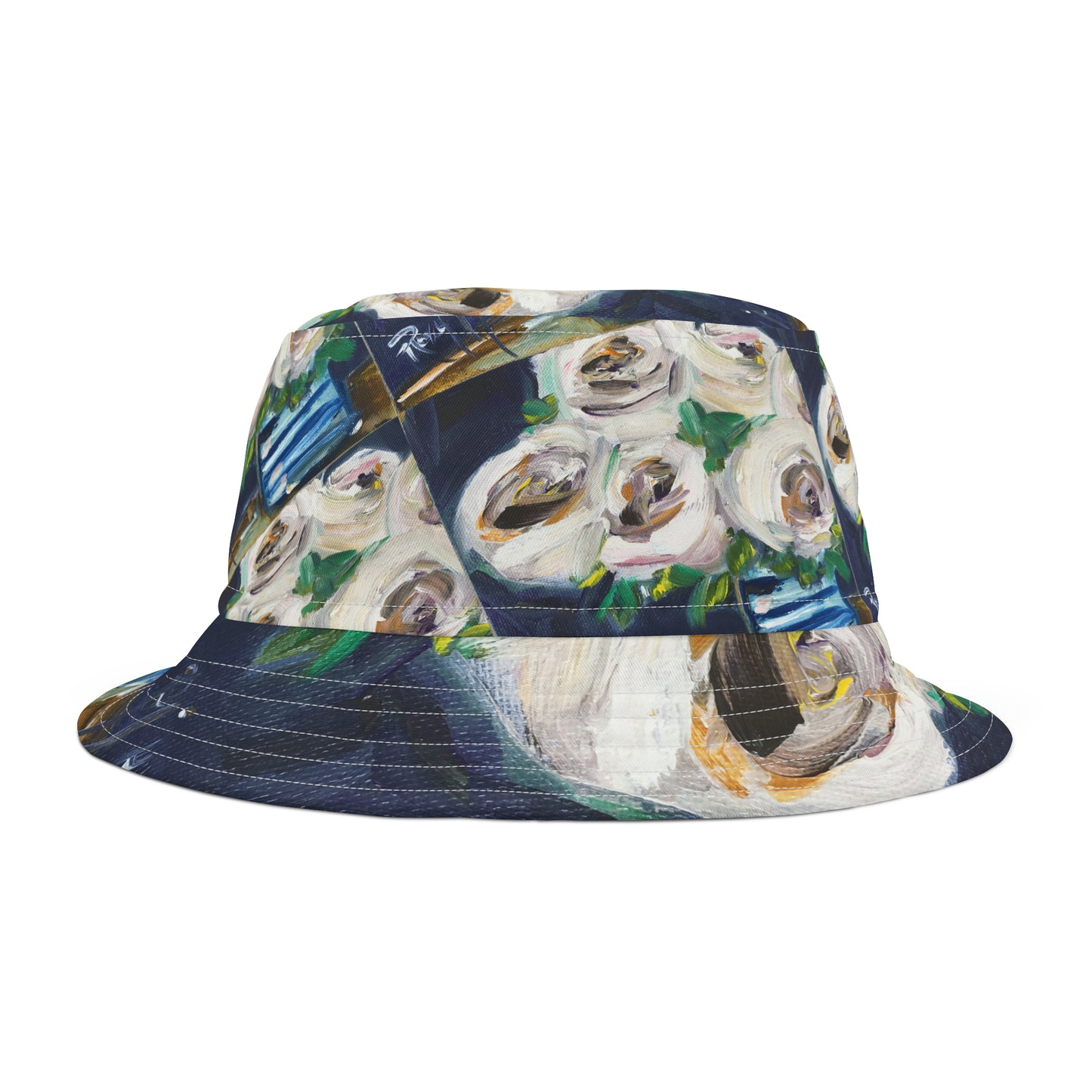 White Roses in a Striped Vase Bucket Hat