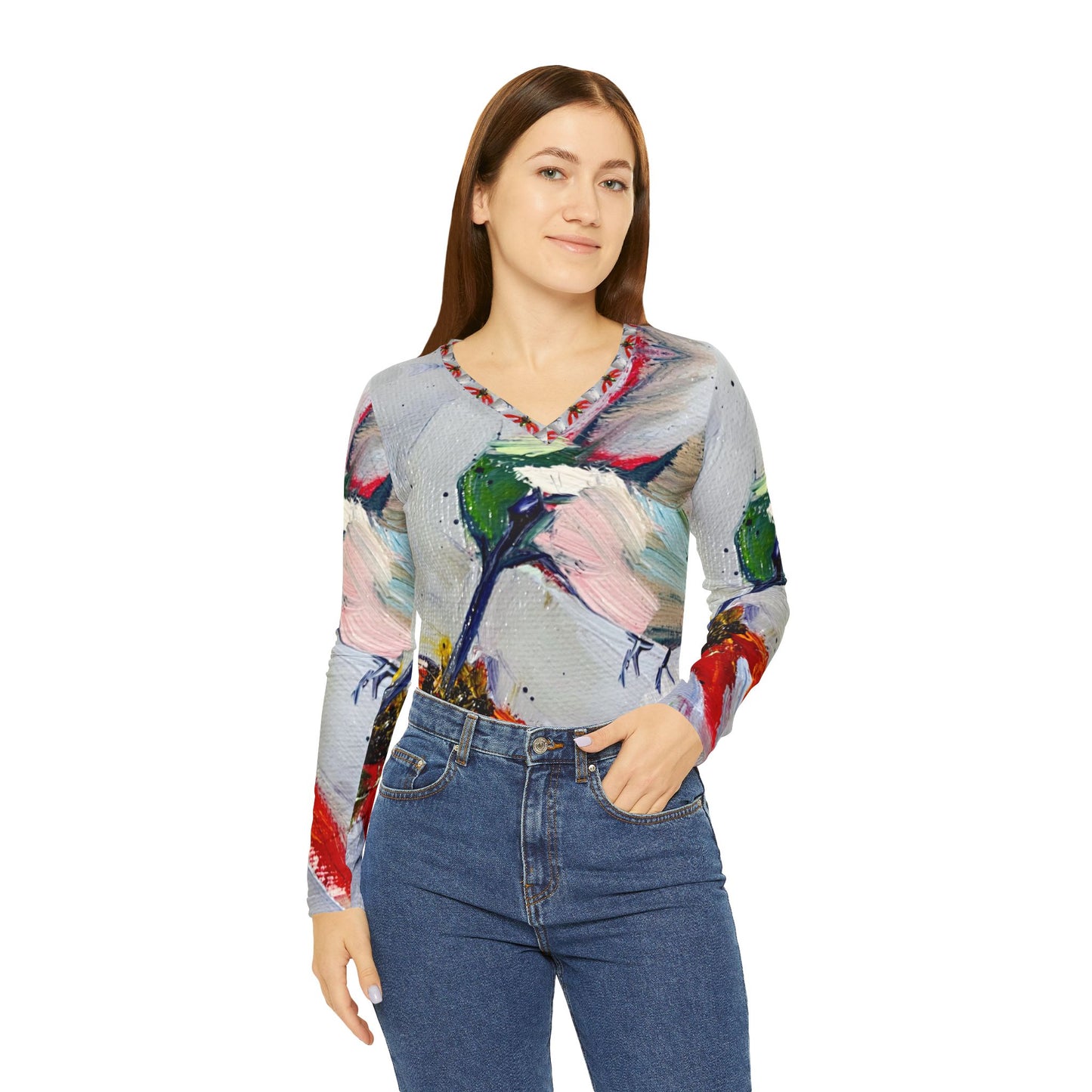 Long Sleeve Shirt- Hummingbird at a Coneflower- V-neck Women's