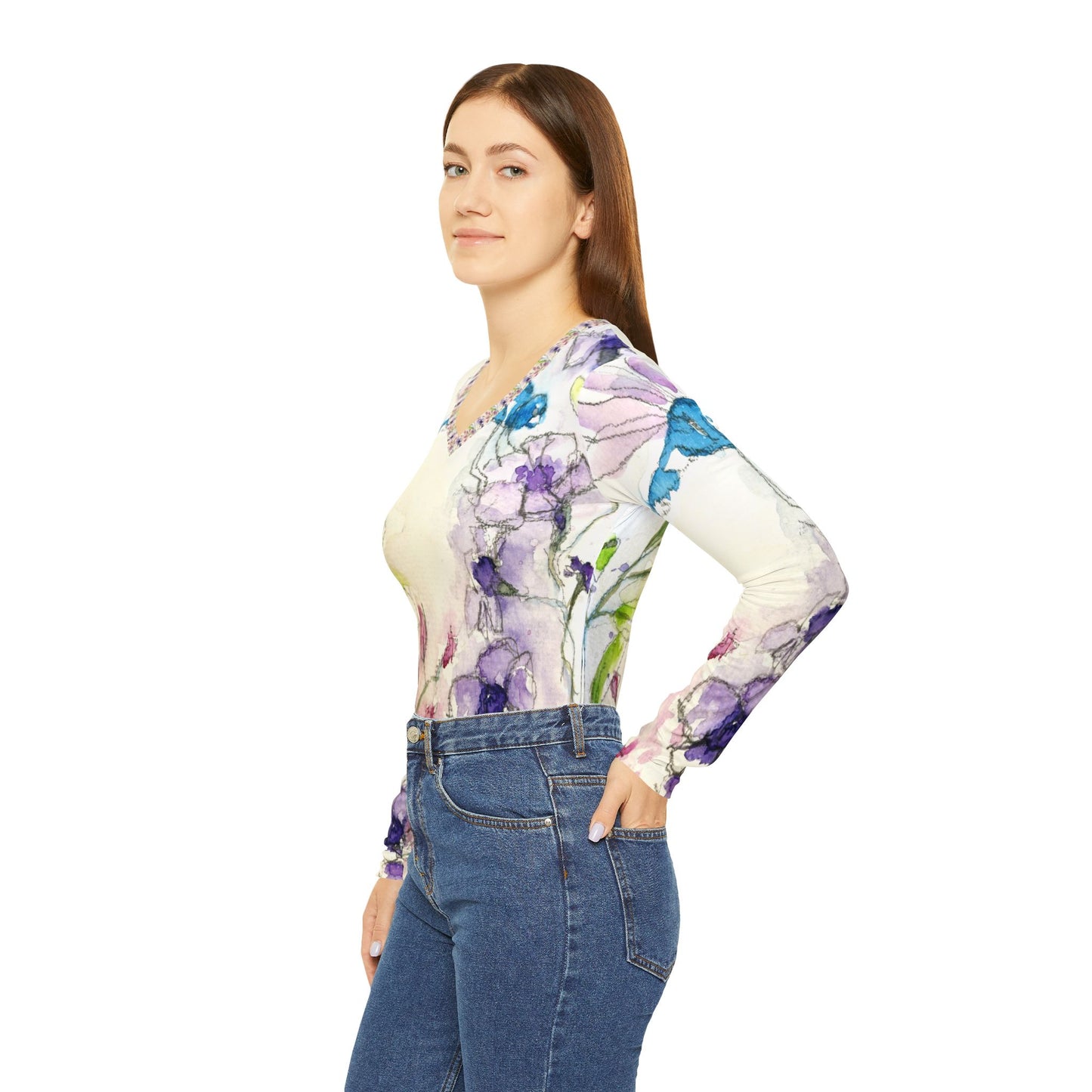 Long Sleeve Shirt- Blue Dragonfly with Purple Tube Flowers- V-neck Women's