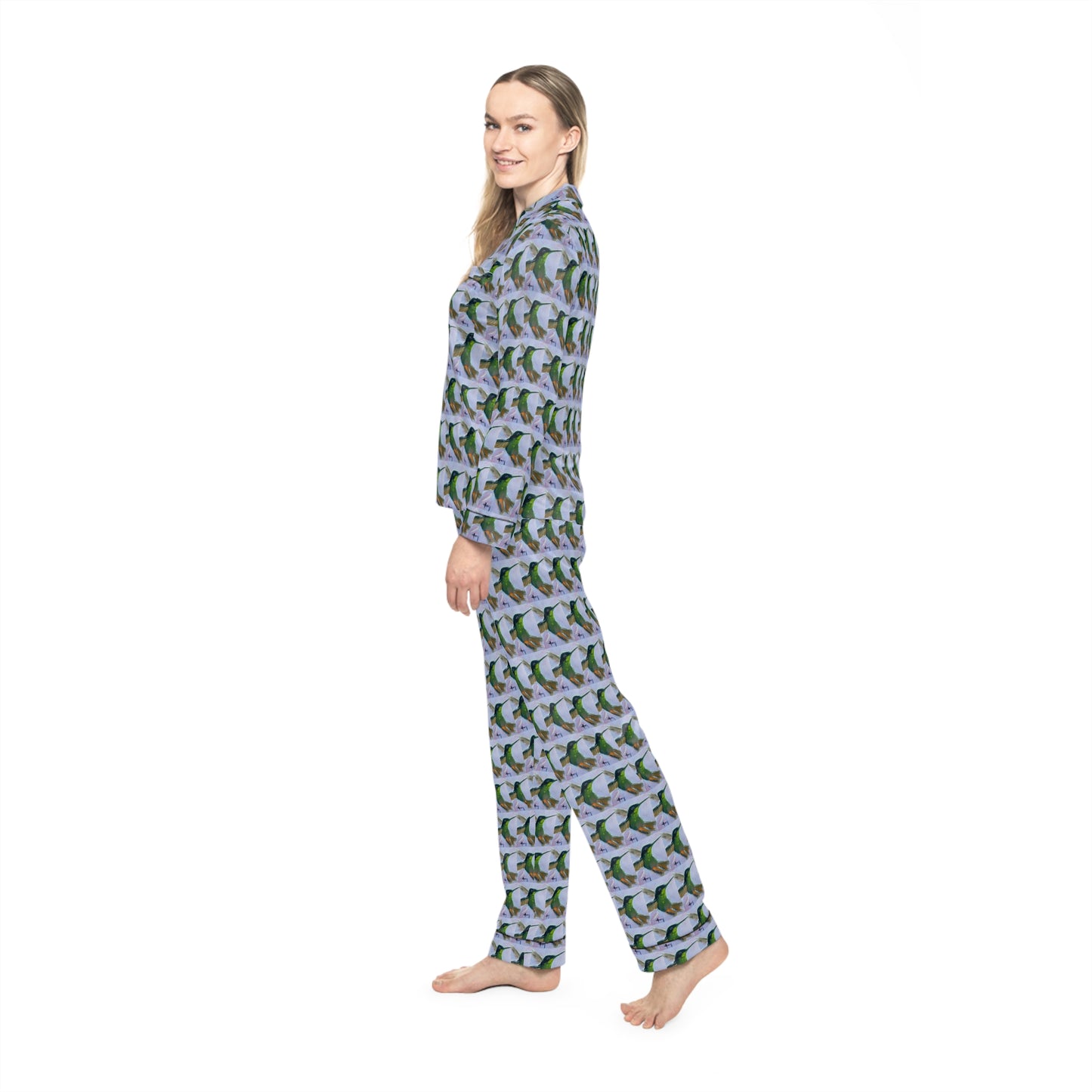 Satin Pajamas — Luxurious Silky Sleepwear Set- Hummingbird in Flight