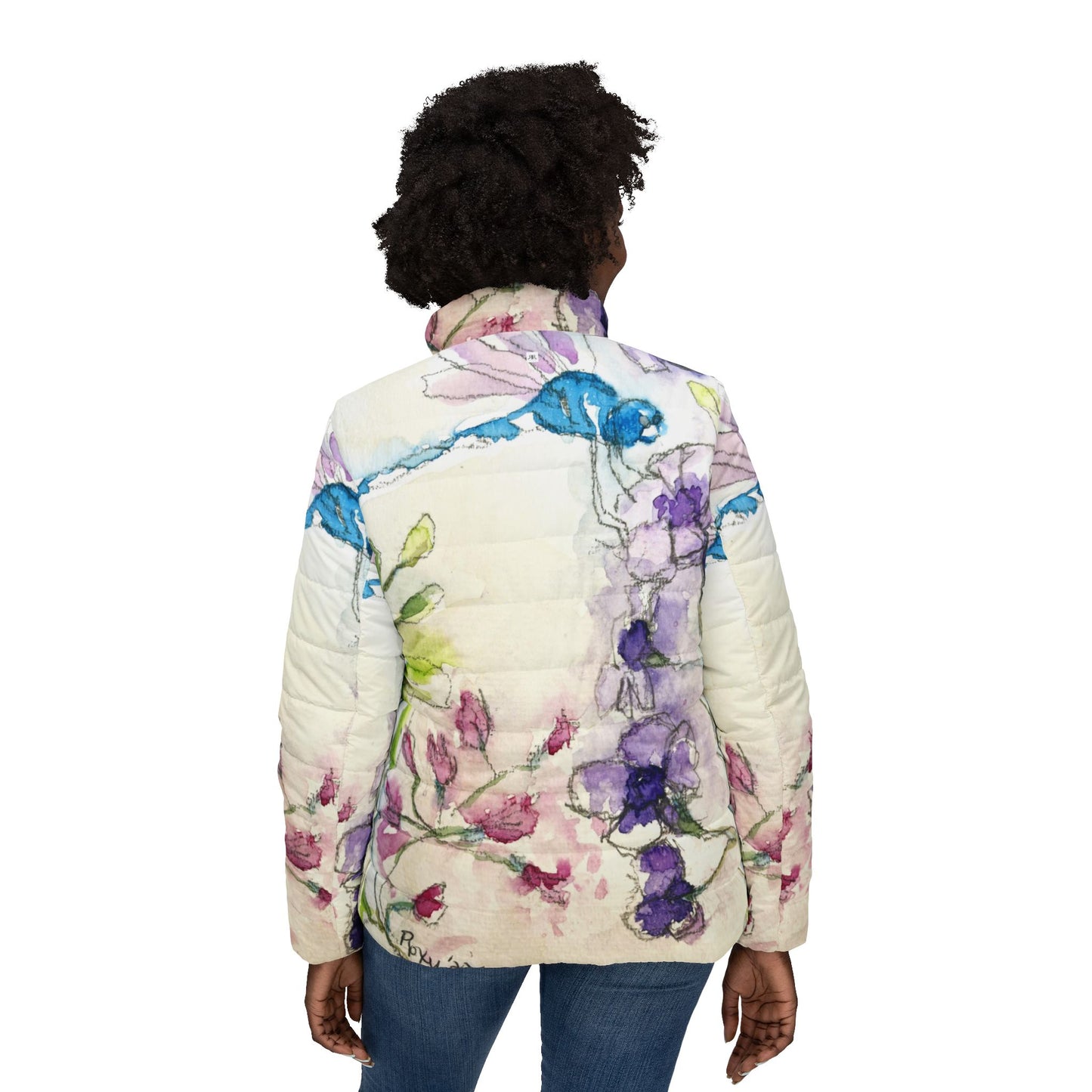 Women's Puffer Jacket - Roxy Rich Fine Art -Blue Dragonfly with Purple Tube Flowers