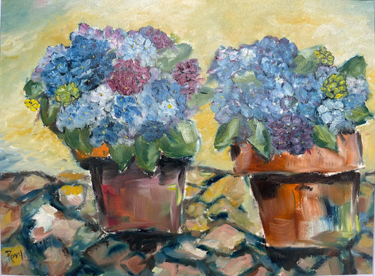 Hydrangeas on the Patio Original Oil Painting 12 x 16 Framed