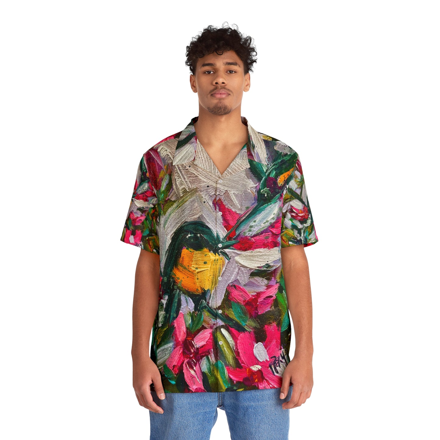Men's Hawaiian Shirt- Colorful Encounter-Goldfinch and Oleander