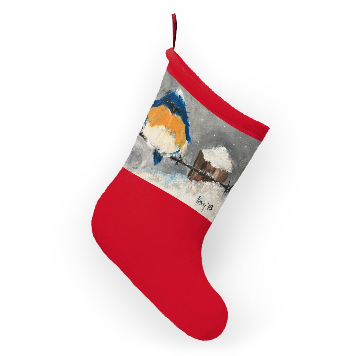 Fluffy Fat Bluebird in Snow Christmas Stocking