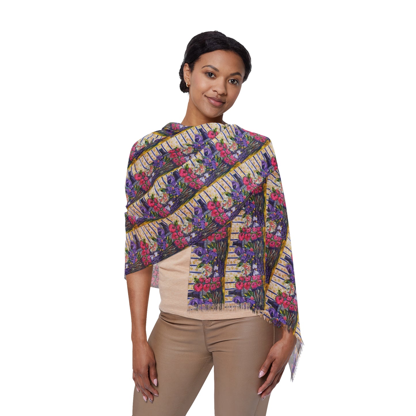 Colorful Scarf — Artistic Lightweight Neck Wrap- Corbeaux Wine and Lavender- Small Print