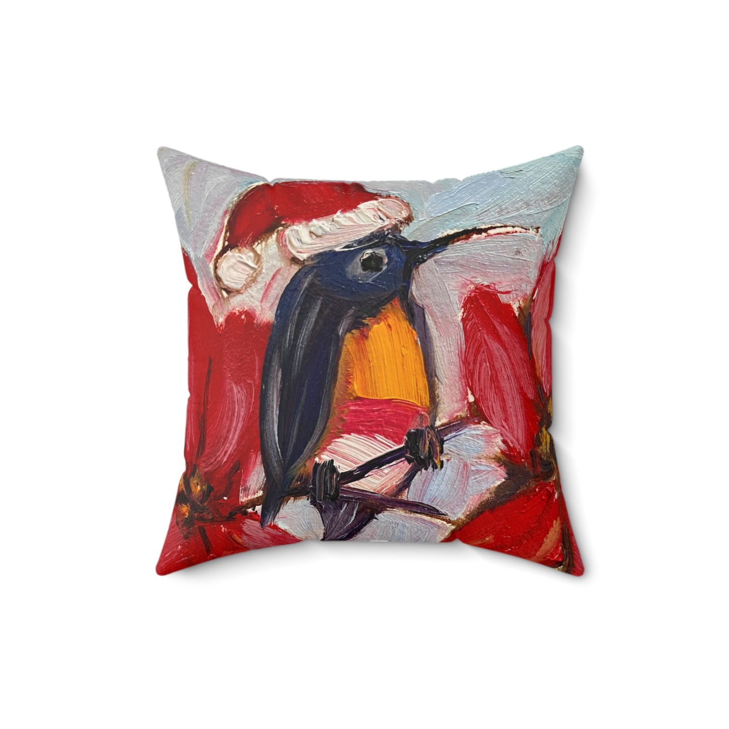 Holiday Hummingbird (Hummingbird with Poinsettias) Indoor Spun Polyester Square Pillow