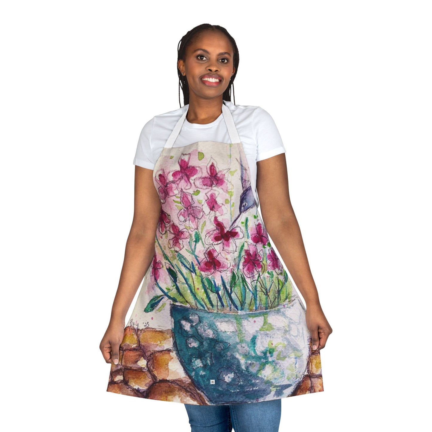 Whimsical Hummingbird in Salvia Blossoms Art Apron — "Choose Your Straps"