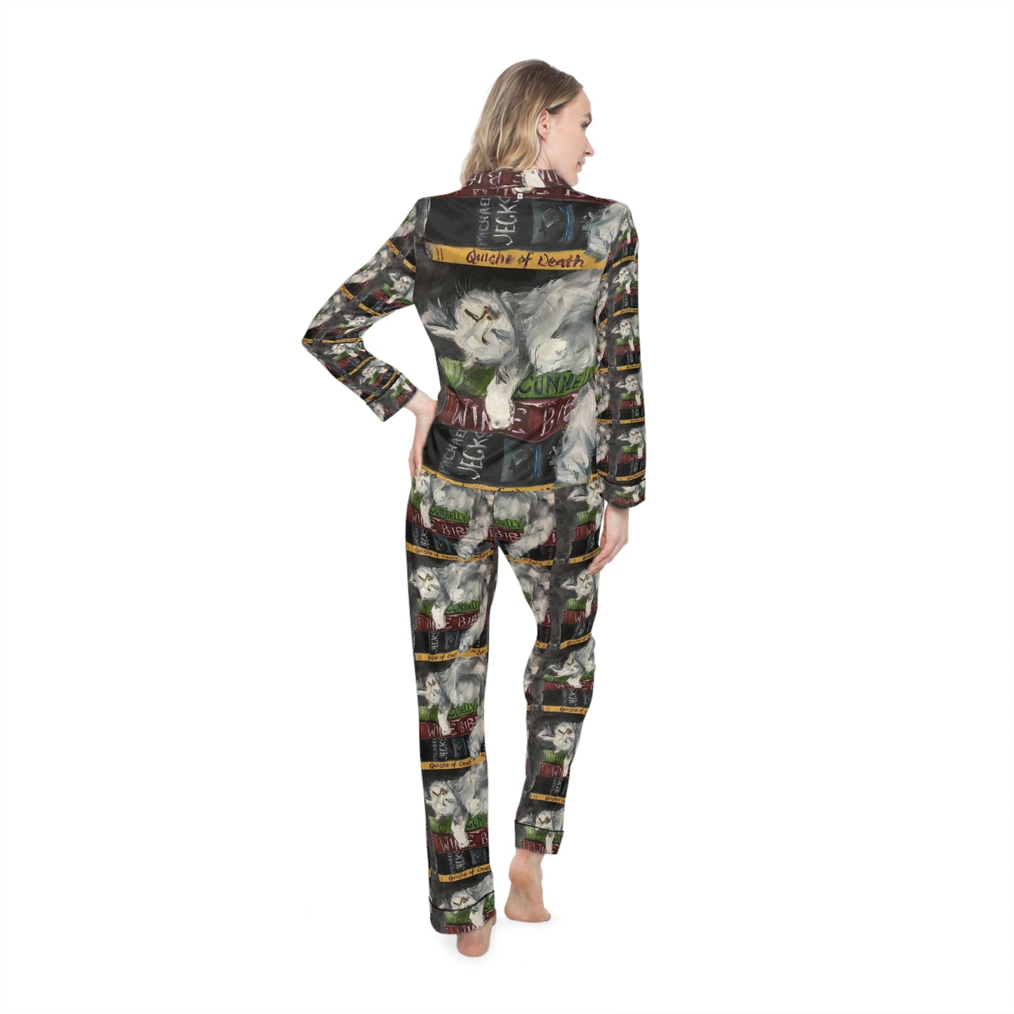Satin Pajamas — Cat & Books Sleep Set for Women-Bibliocat