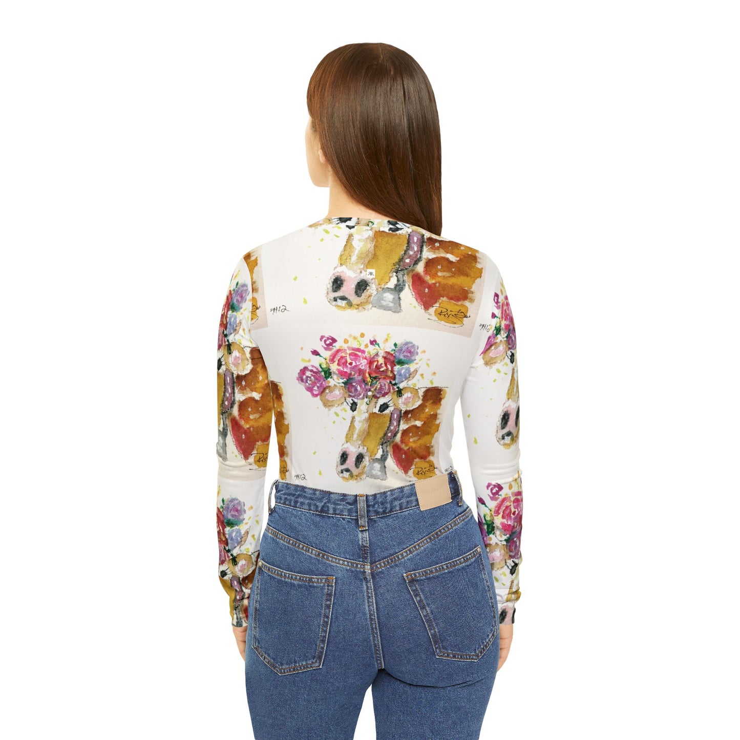 Long Sleeve Shirt-Adorable Cow with Flowers on its Head- V-neck Women's