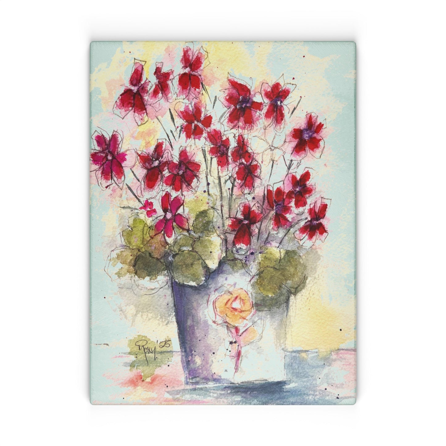 Red Ivy Geraniums in a Basket Glass Cutting Board