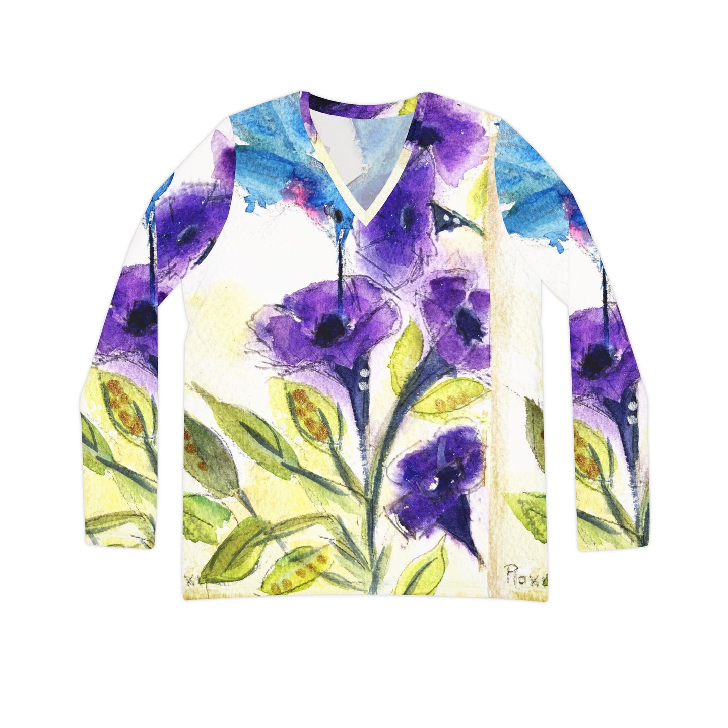 Long Sleeve Shirt- Hummingbird in Purple Tube Flowers- V-neck Women's